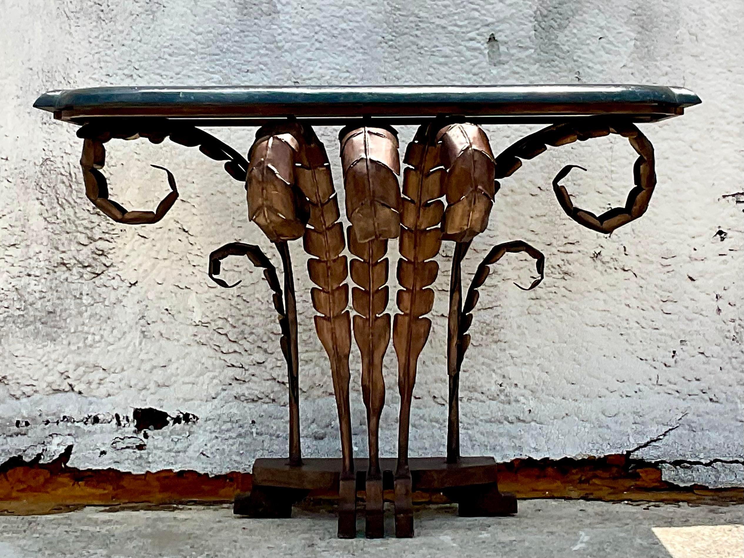 Metal Late 20th Century Vintage Boho Punch Cut Frond Console Table For Sale