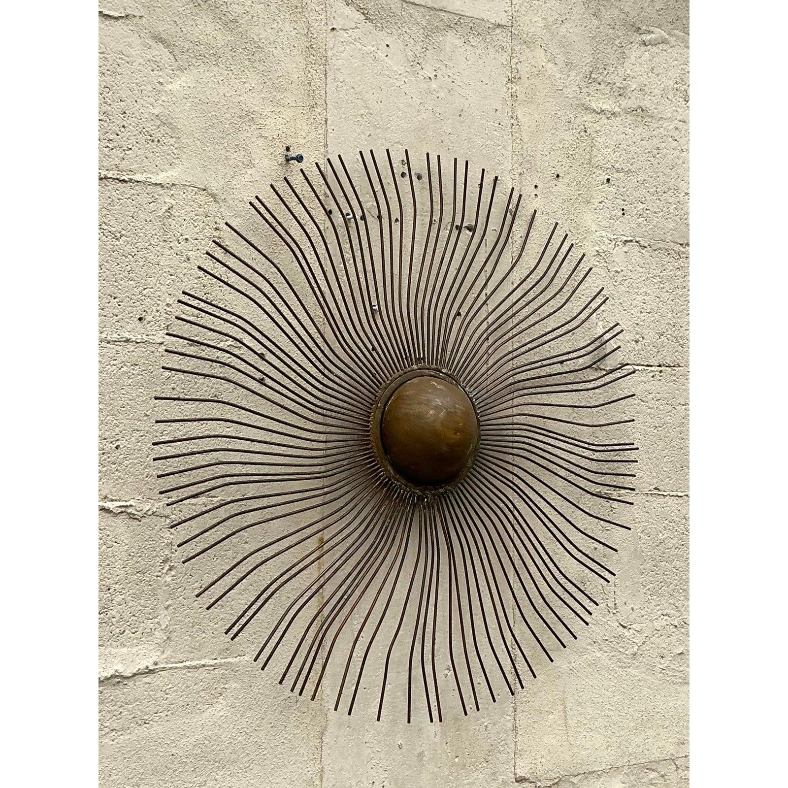 Metal Late 20th Century Vintage Boho Radiant Sun Wall Sculpture Small For Sale