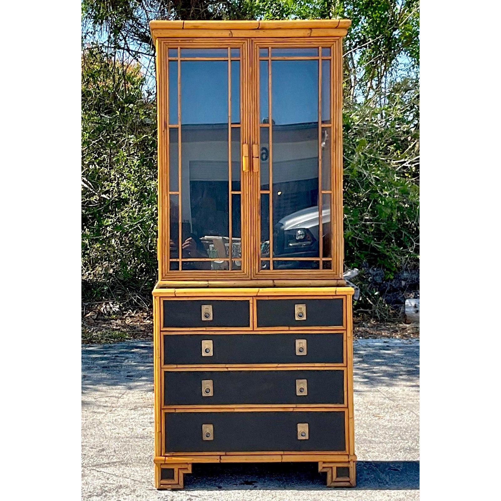 American Late 20th Century Vintage Boho Rattan Trimmed Lacquered Cabinet For Sale