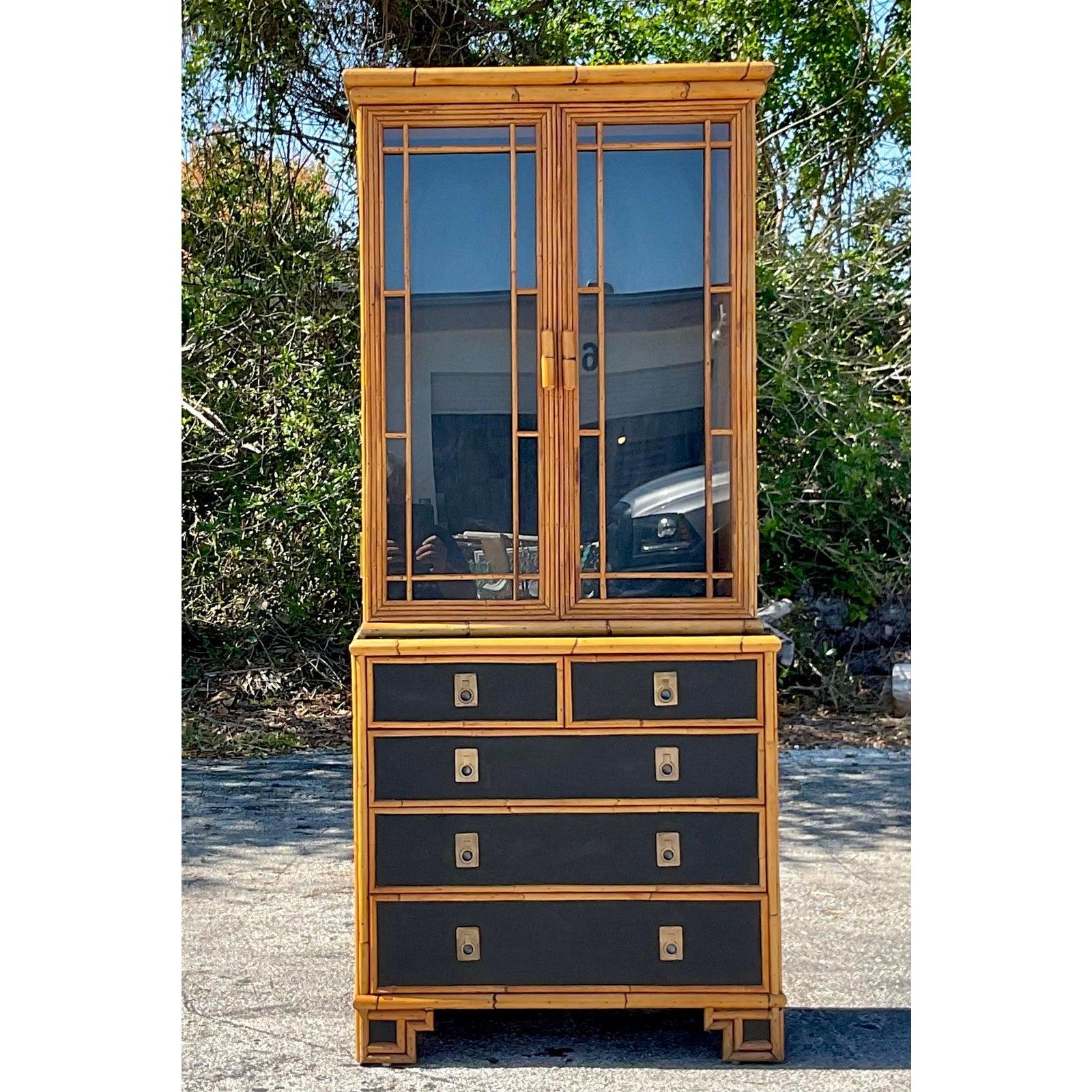 Late 20th Century Vintage Boho Rattan Trimmed Lacquered Cabinet In Good Condition For Sale In west palm beach, FL