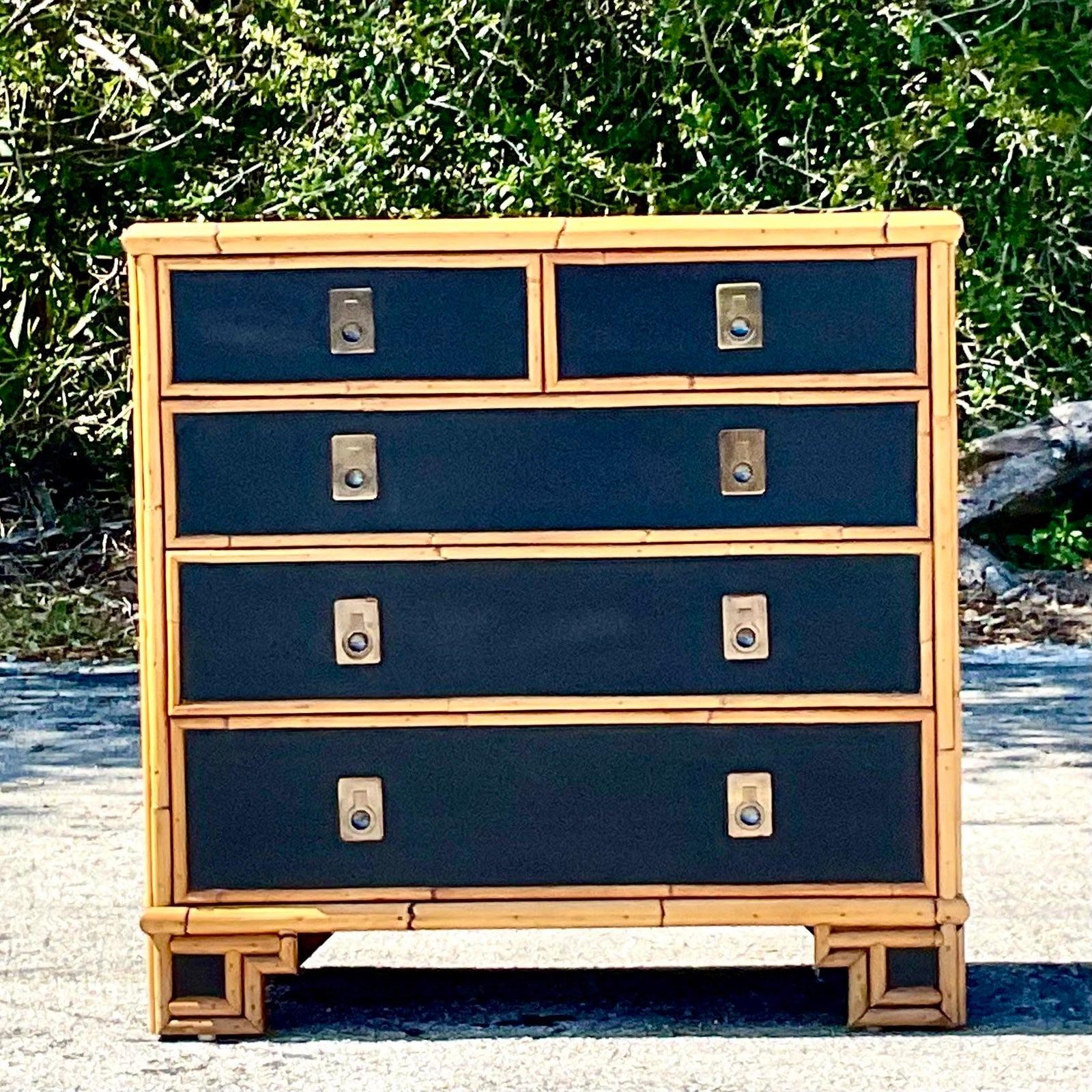 Brass Late 20th Century Vintage Boho Rattan Trimmed Lacquered Cabinet For Sale