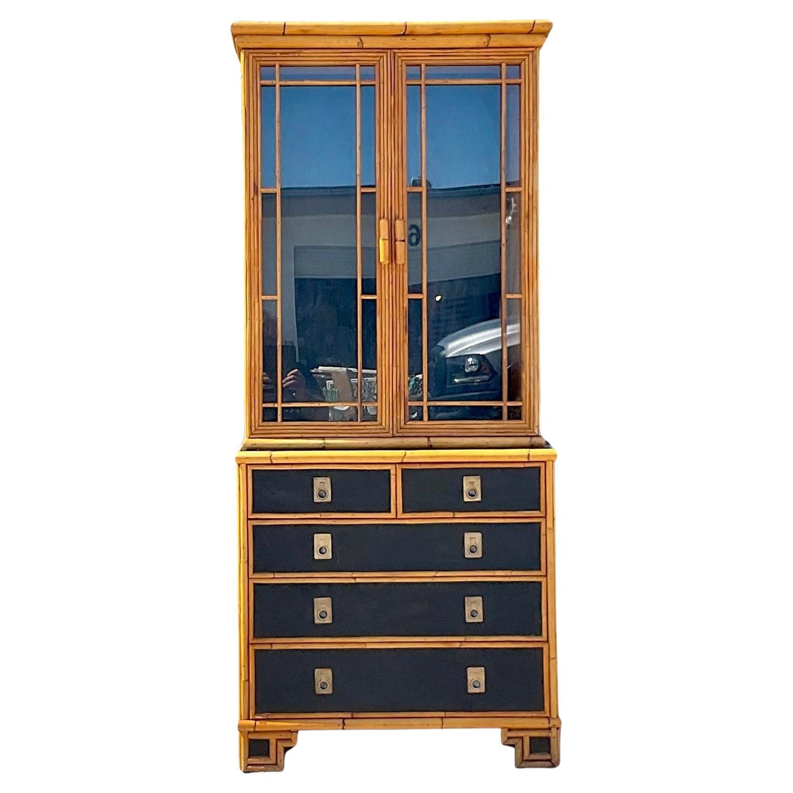 Late 20th Century Vintage Boho Rattan Trimmed Lacquered Cabinet