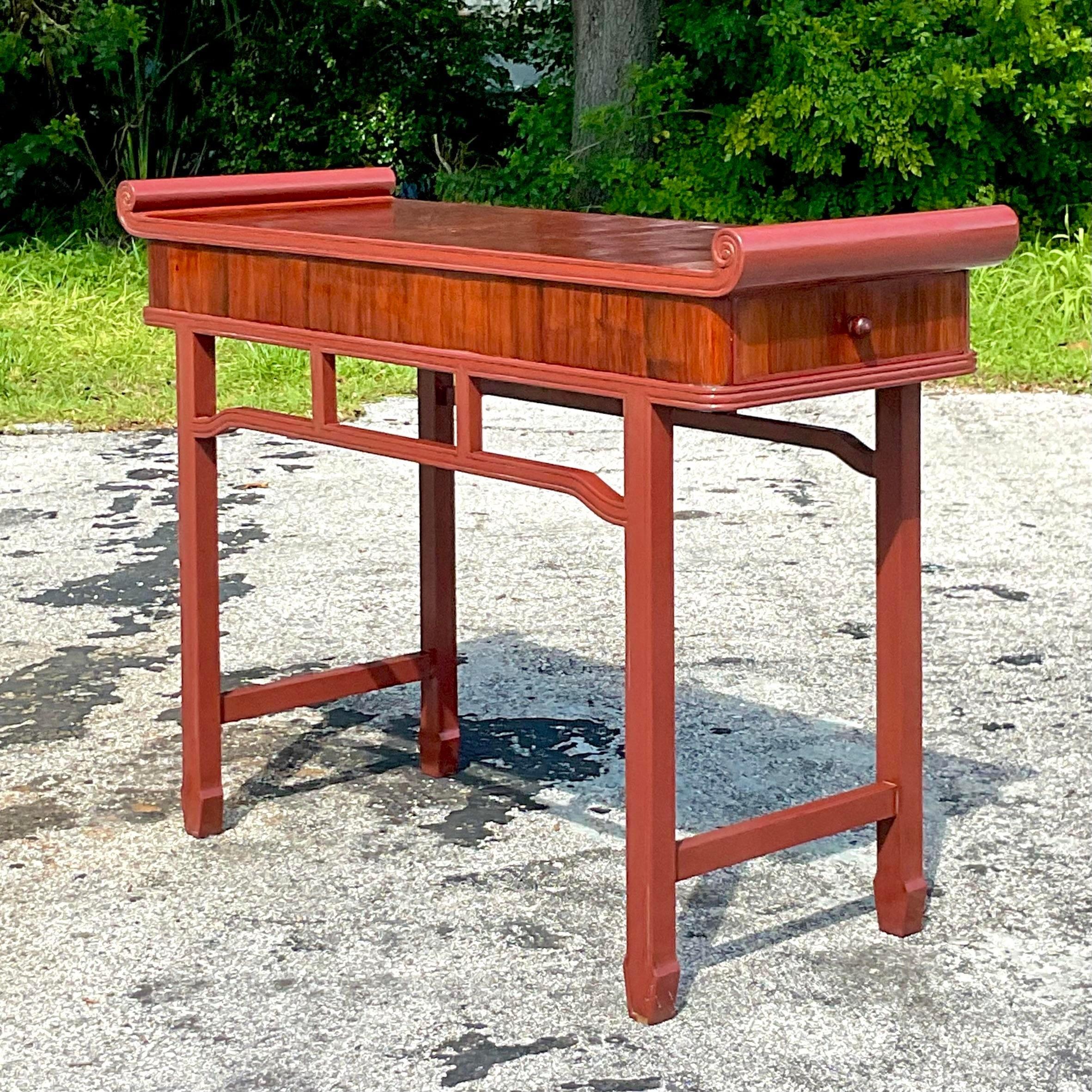 Late 20th Century Vintage Boho Reclaimed Wood Tall Pagoda Console Table In Good Condition For Sale In west palm beach, FL
