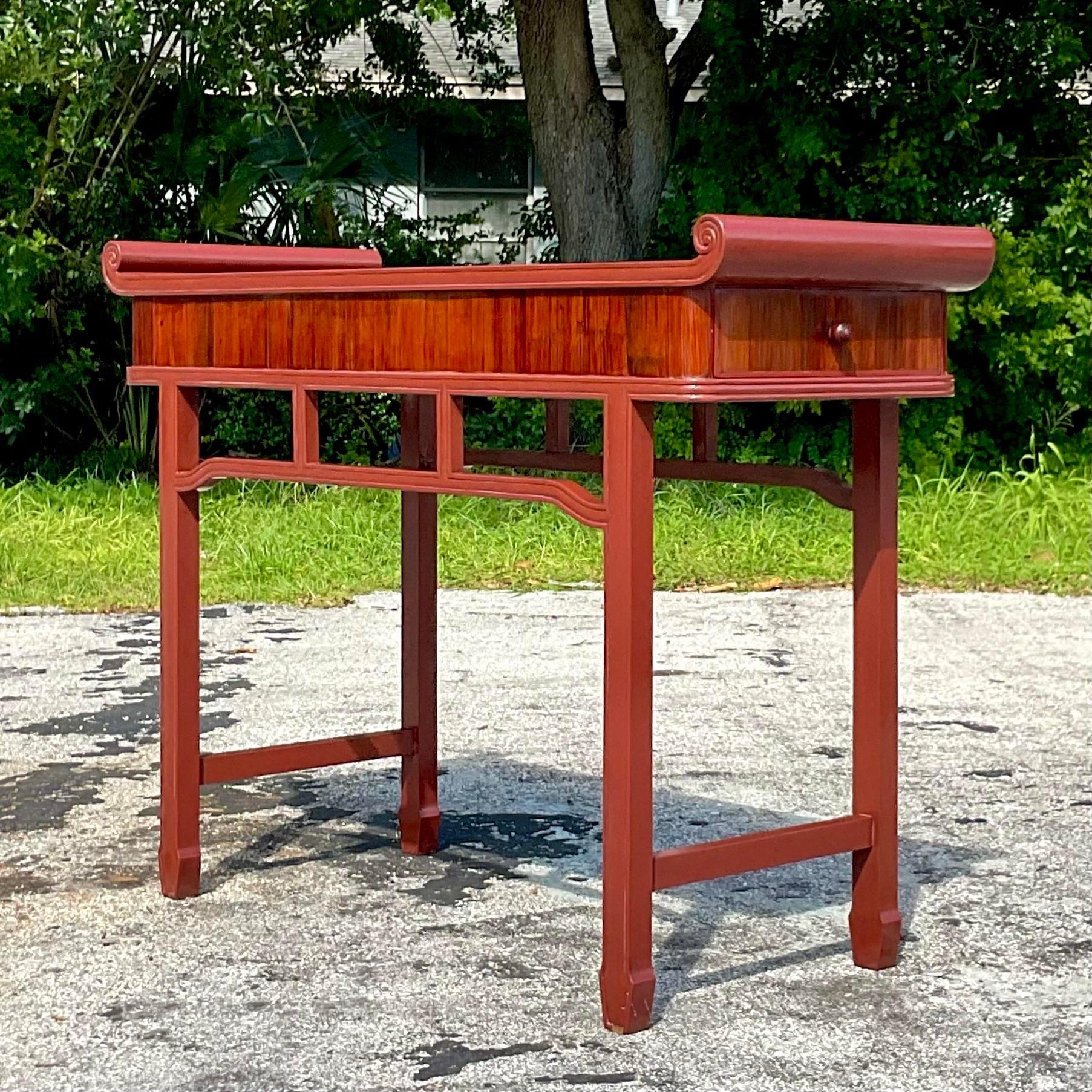 Late 20th Century Vintage Boho Reclaimed Wood Tall Pagoda Console Table For Sale 2