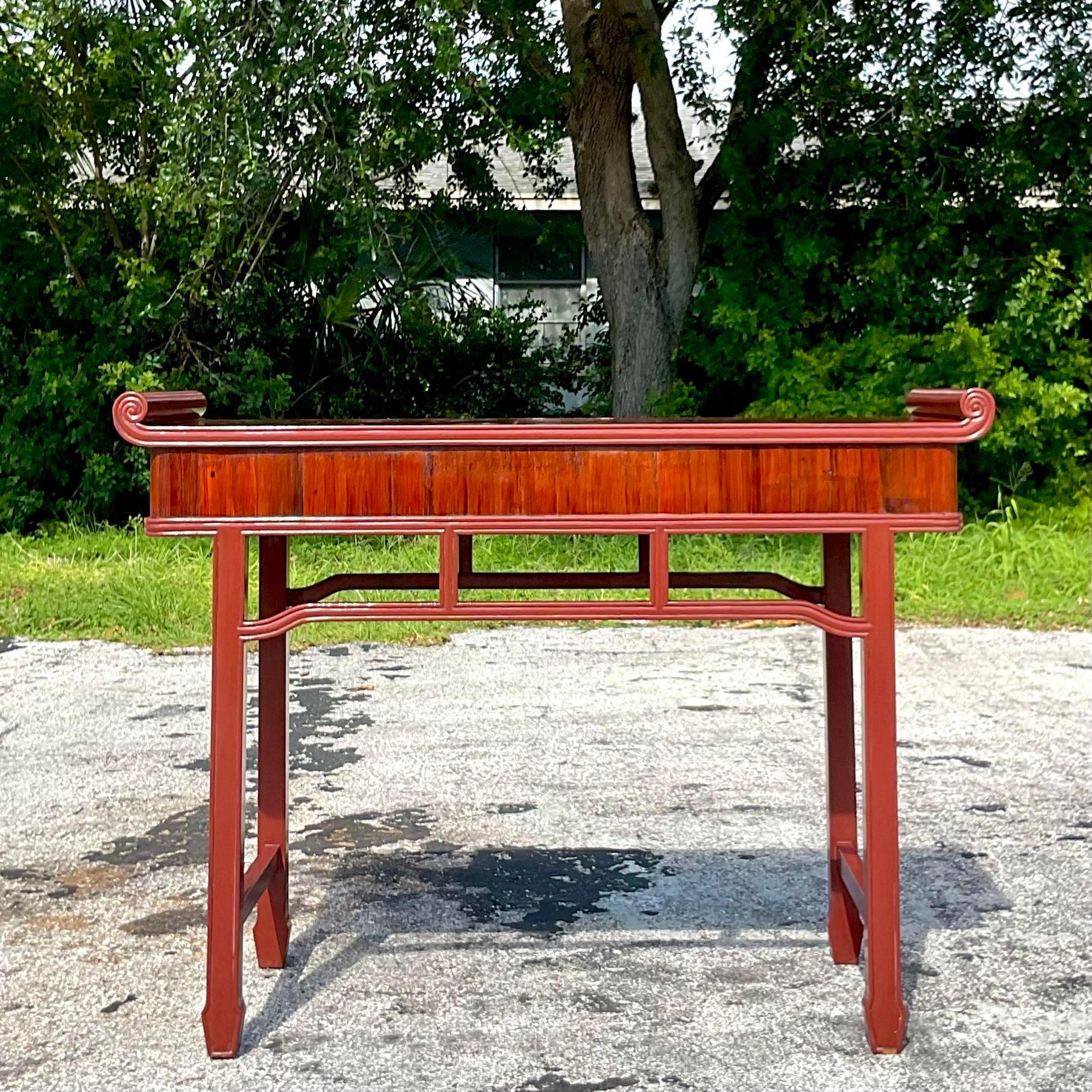 Late 20th Century Vintage Boho Reclaimed Wood Tall Pagoda Console Table For Sale 3
