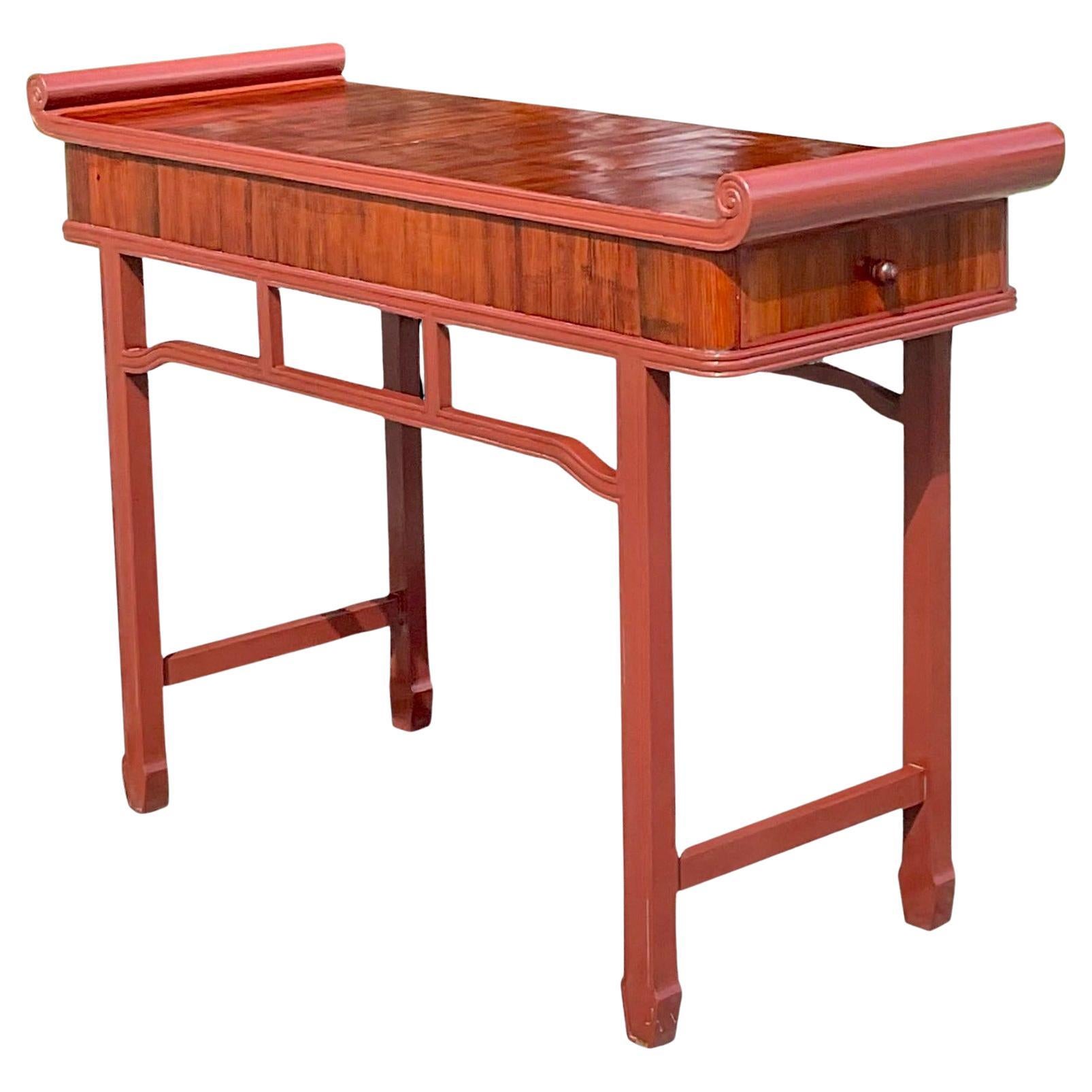 Late 20th Century Vintage Boho Reclaimed Wood Tall Pagoda Console Table