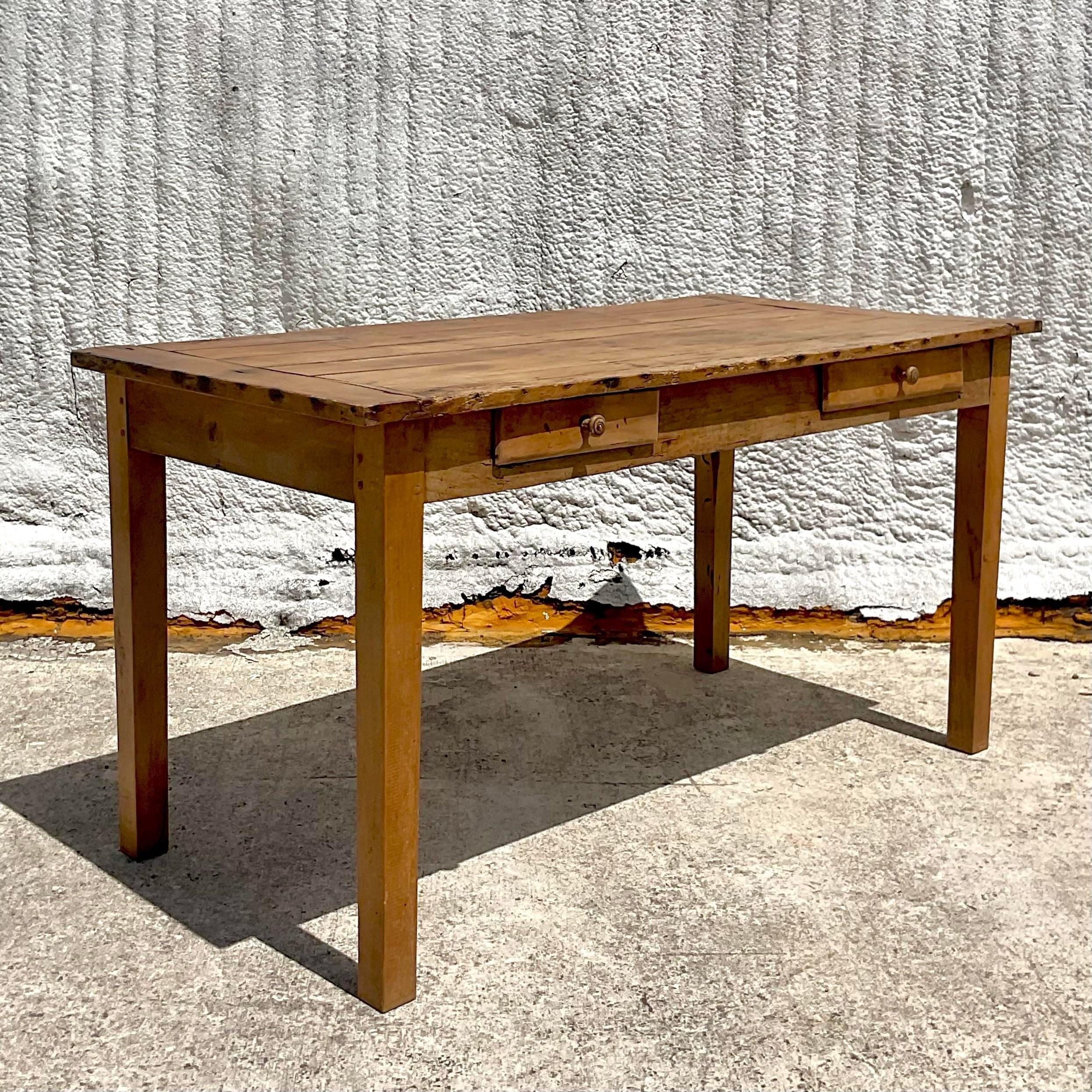 American Late 20th Century Vintage Boho Rustic Farm Table For Sale