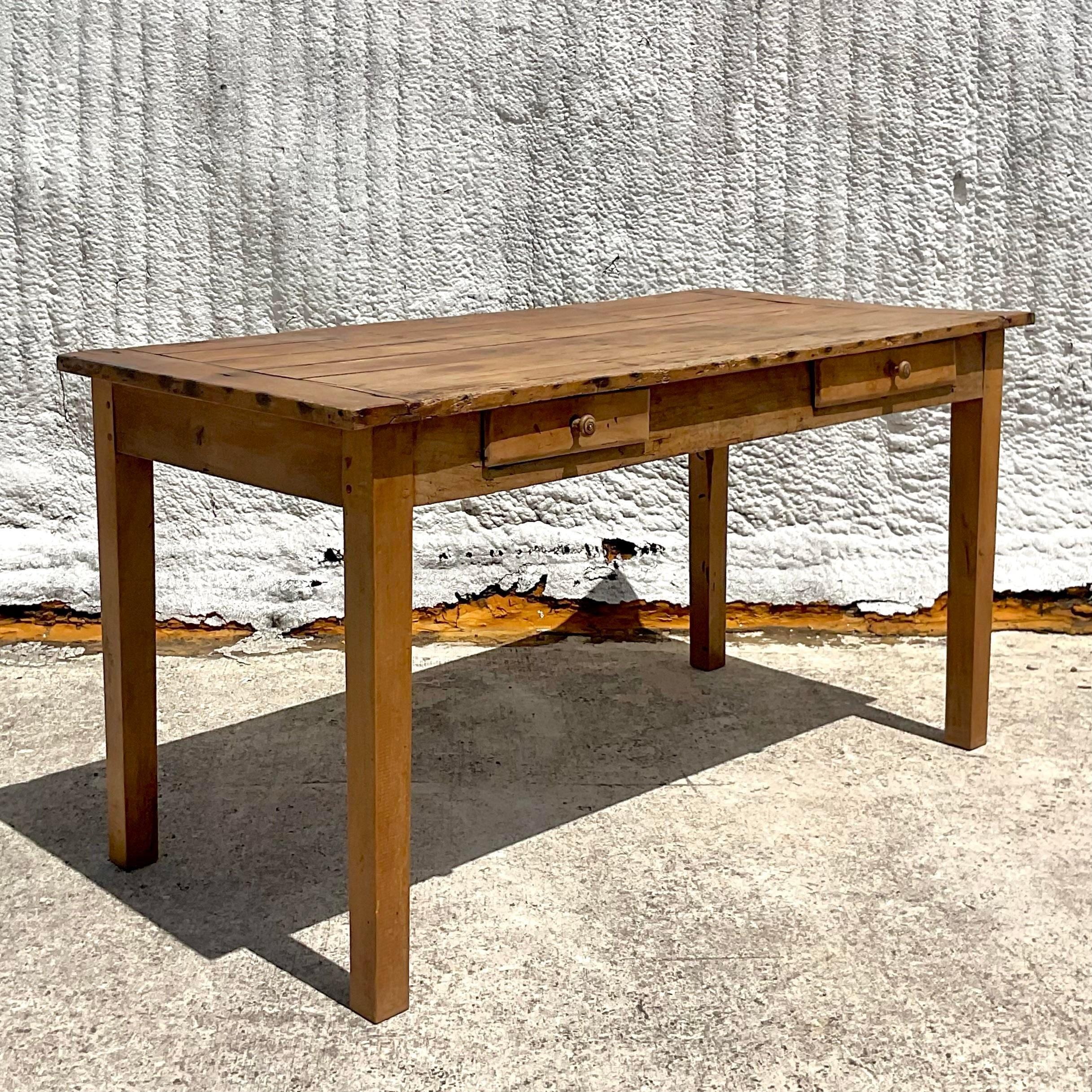 Late 20th Century Vintage Boho Rustic Farm Table In Good Condition For Sale In west palm beach, FL