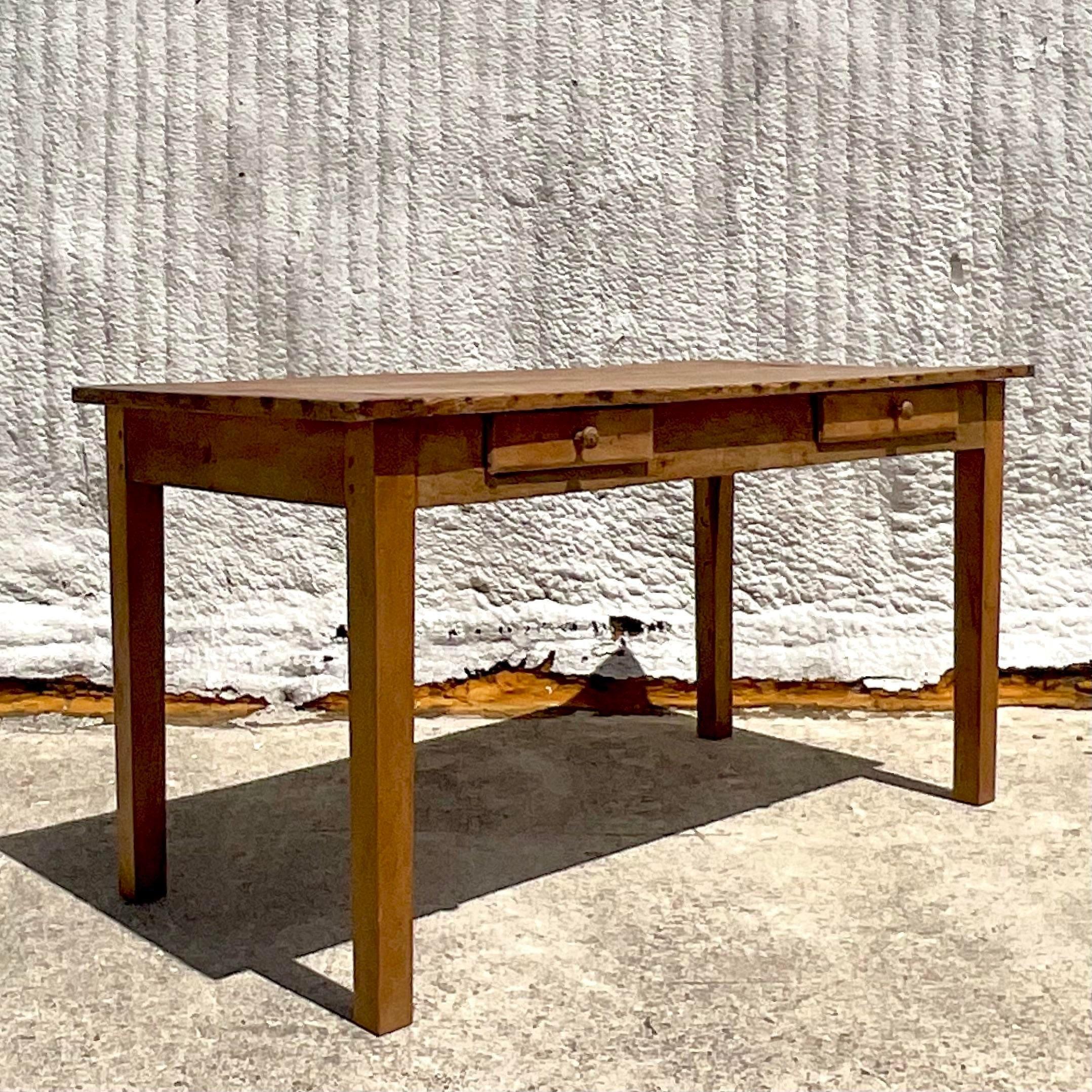 Wood Late 20th Century Vintage Boho Rustic Farm Table For Sale