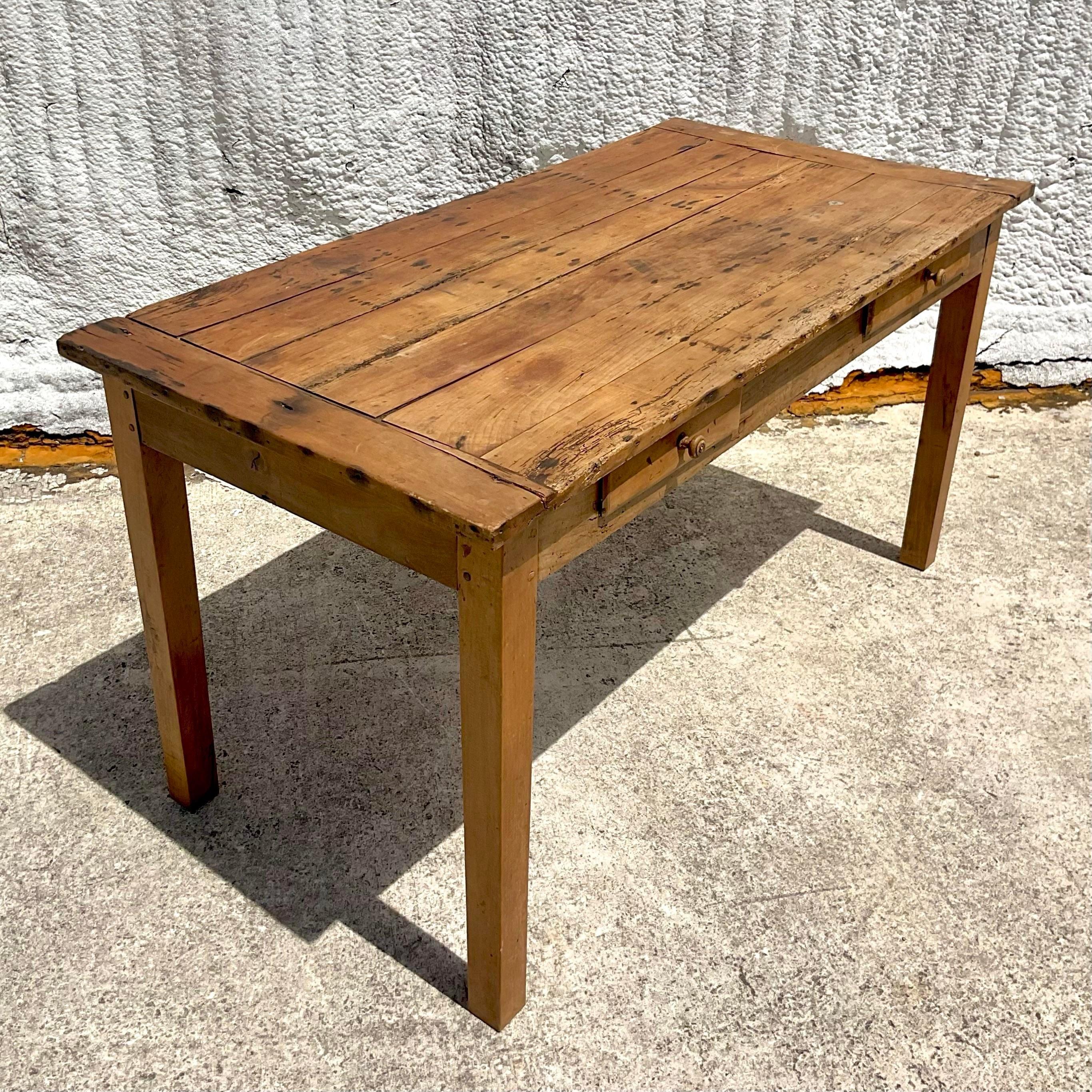 Late 20th Century Vintage Boho Rustic Farm Table For Sale 1