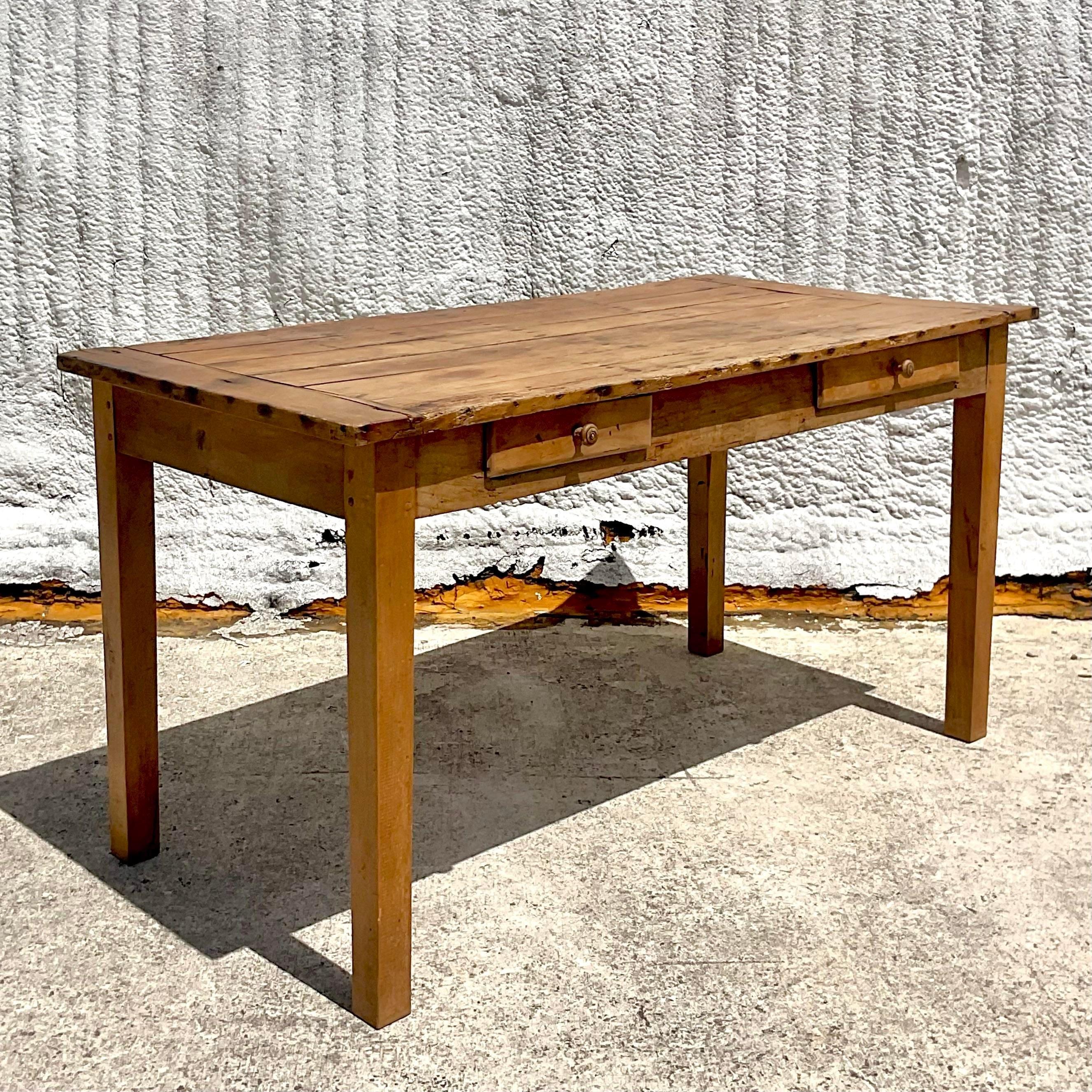 Late 20th Century Vintage Boho Rustic Farm Table For Sale 2