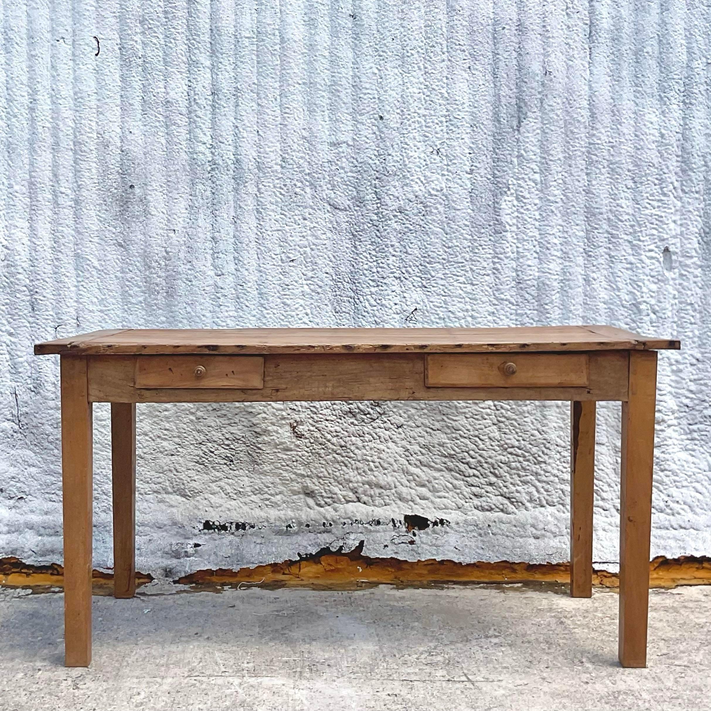 Late 20th Century Vintage Boho Rustic Farm Table For Sale 3
