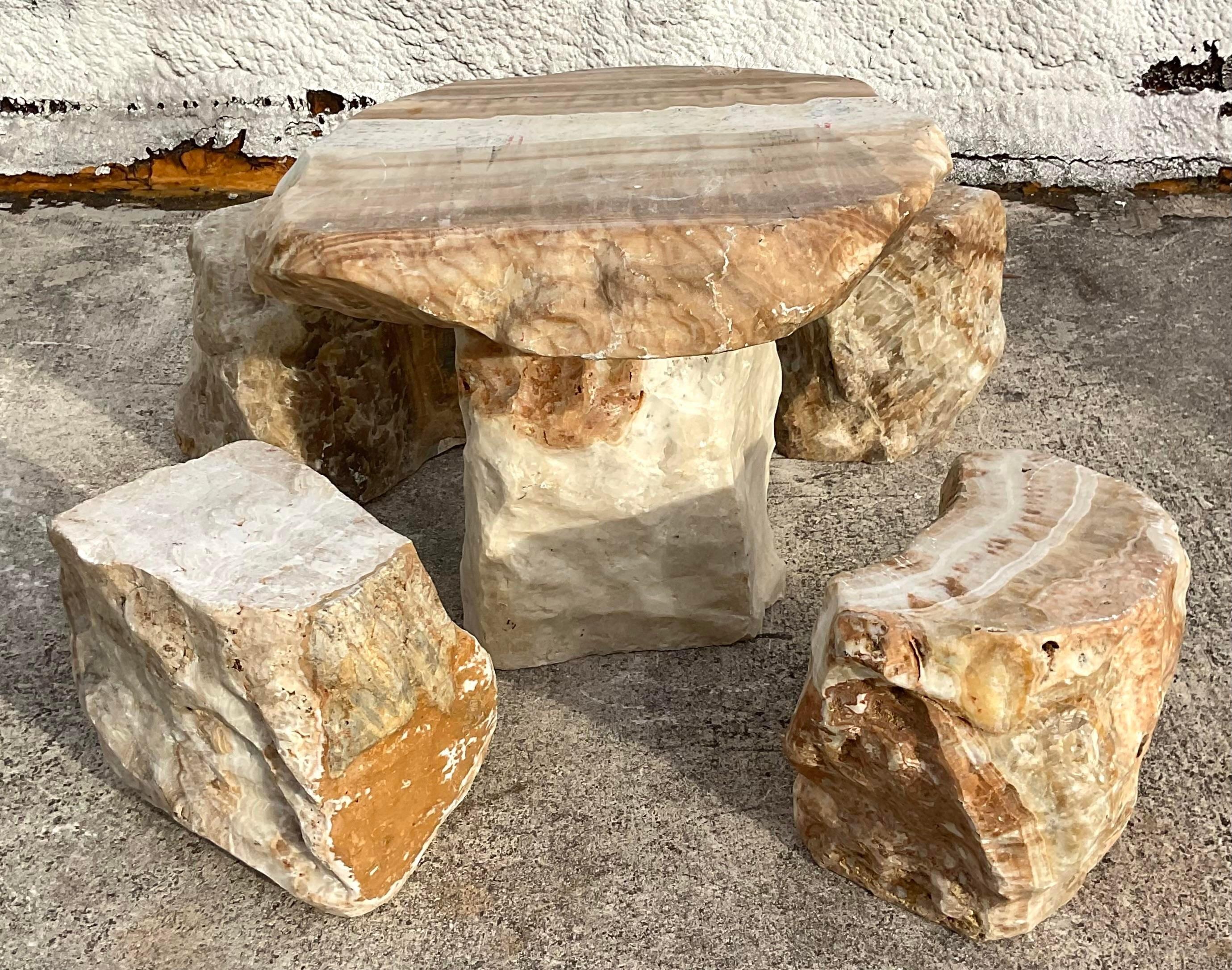Late 20th Century Vintage Boho Solid Stone Dining Set of 5 For Sale 2