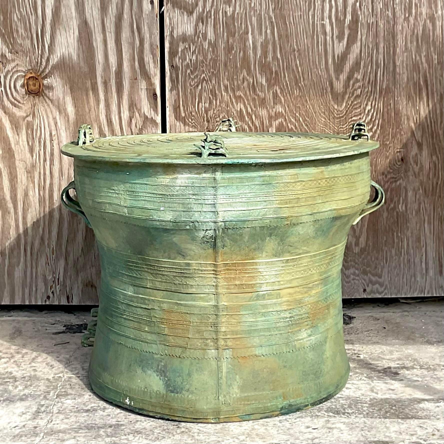 Late 20th Century Vintage Boho Southeast Asian Bronze Rain Drum Table In Good Condition For Sale In west palm beach, FL