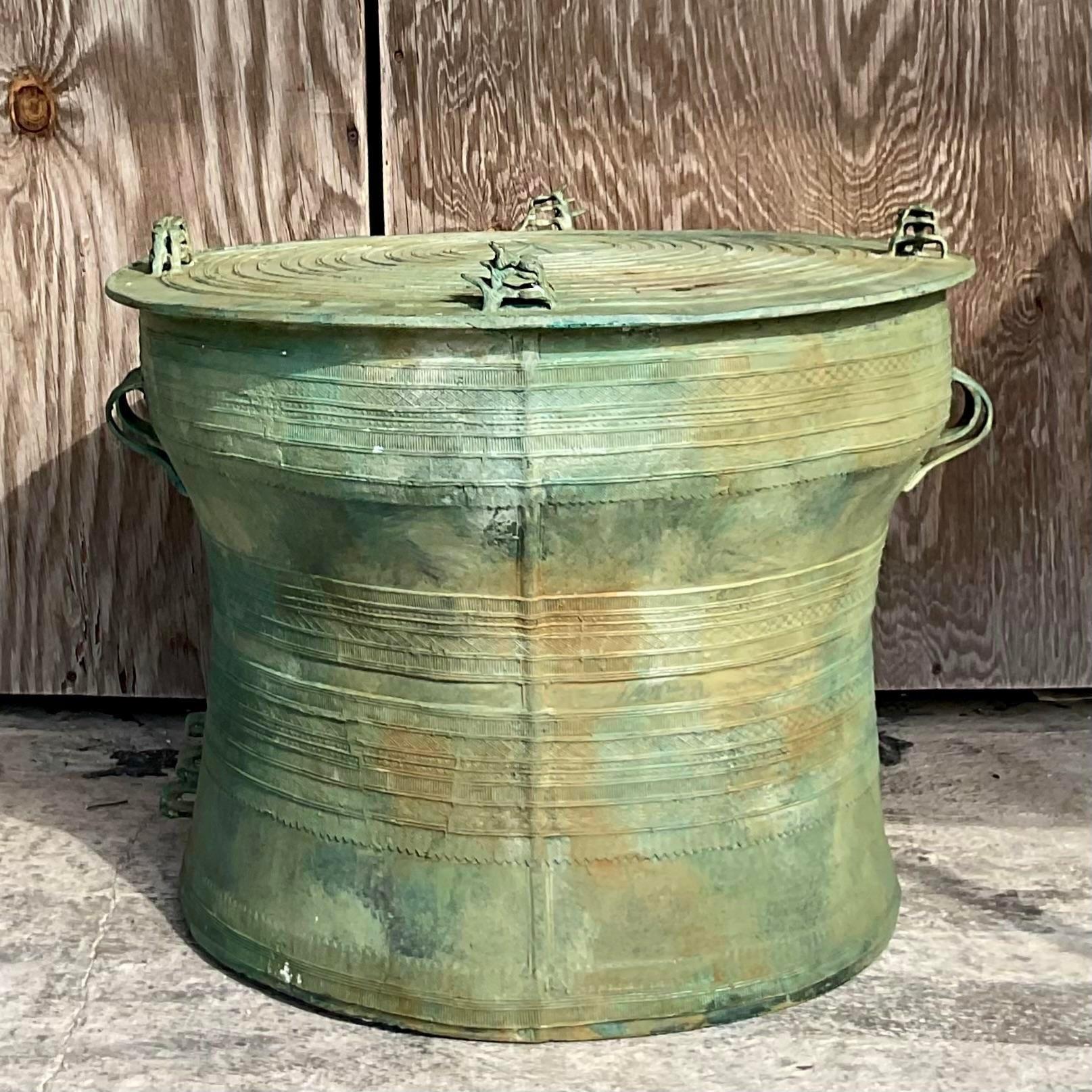 Late 20th Century Vintage Boho Southeast Asian Bronze Rain Drum Table For Sale 1