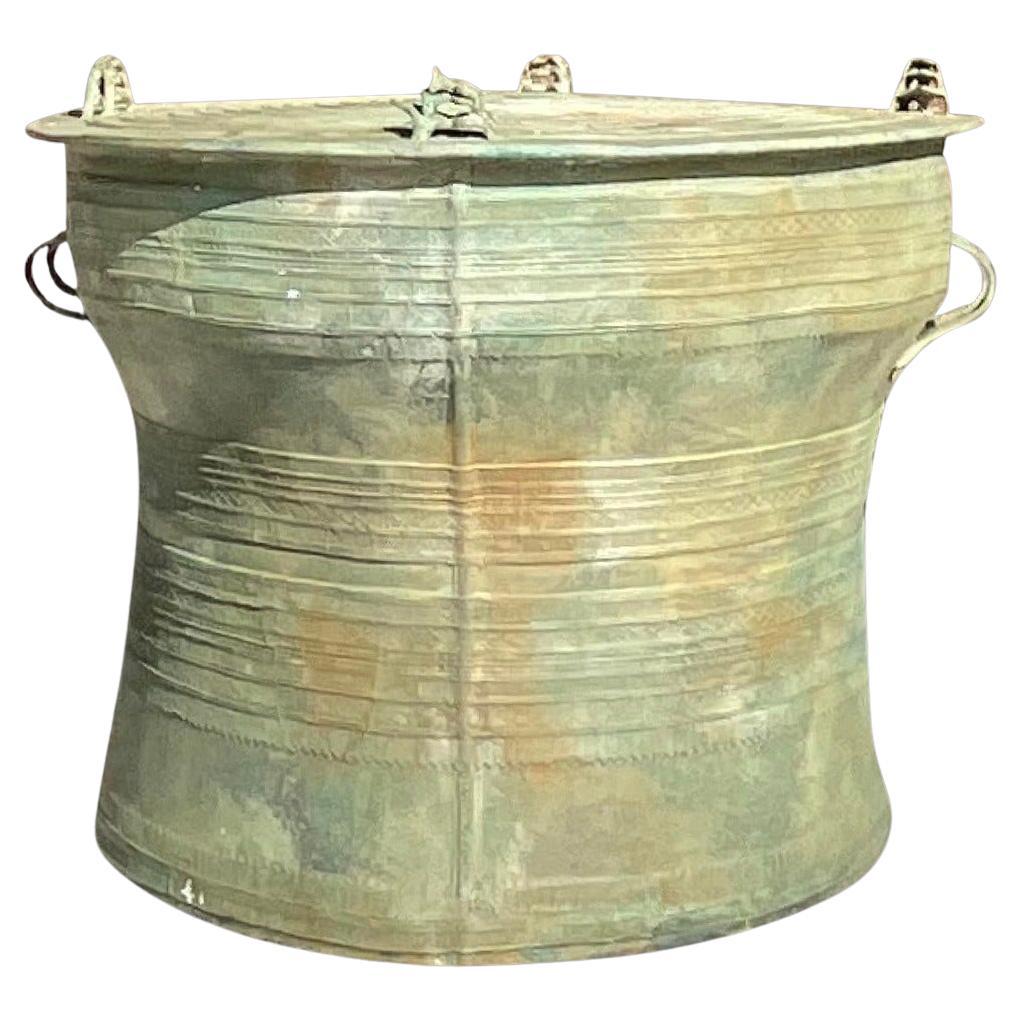 Late 20th Century Vintage Boho Southeast Asian Bronze Rain Drum Table For Sale