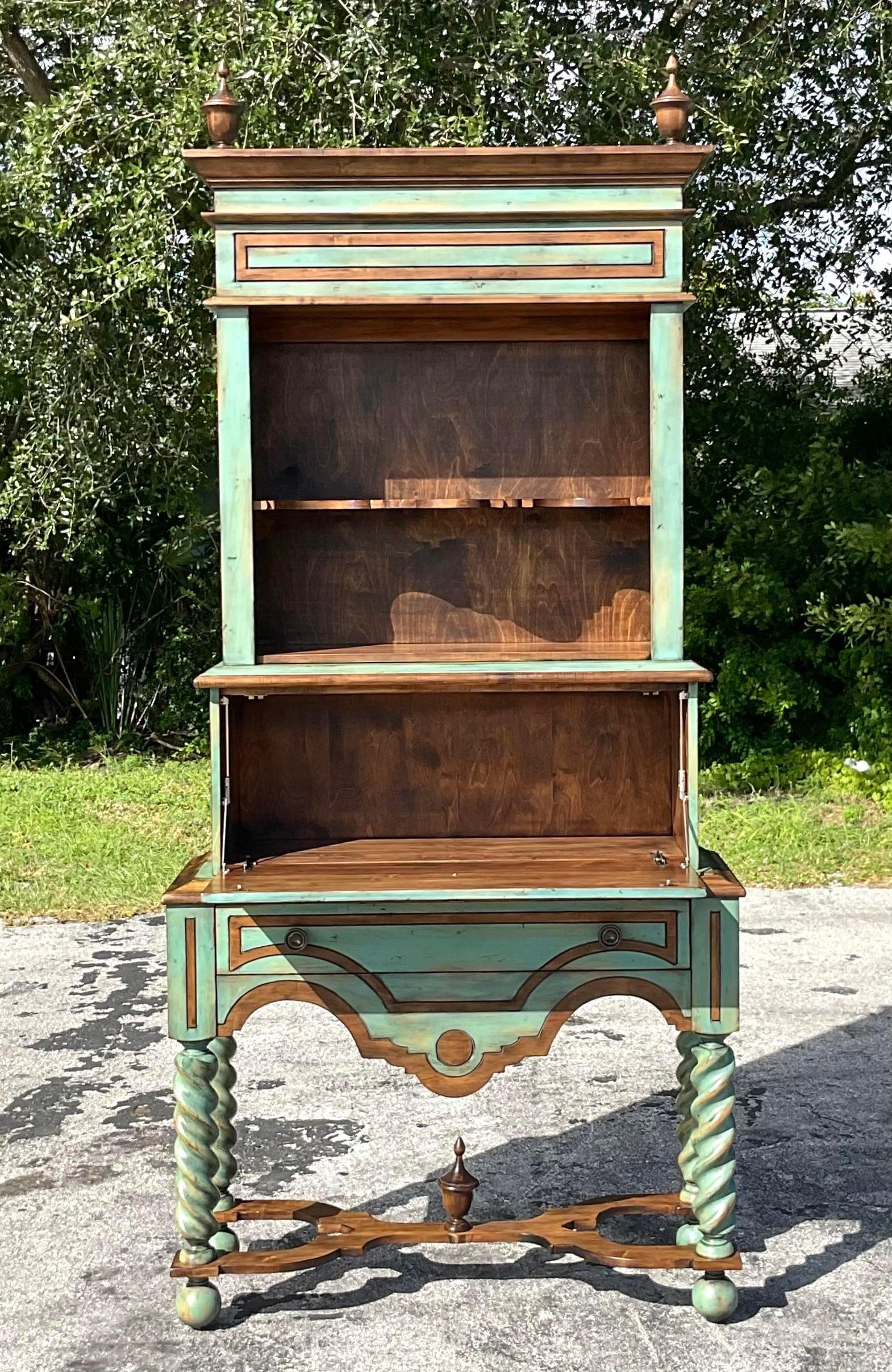 American Late 20th Century Vintage Boho Stacked Barley Twist Jade Display Cabinet For Sale