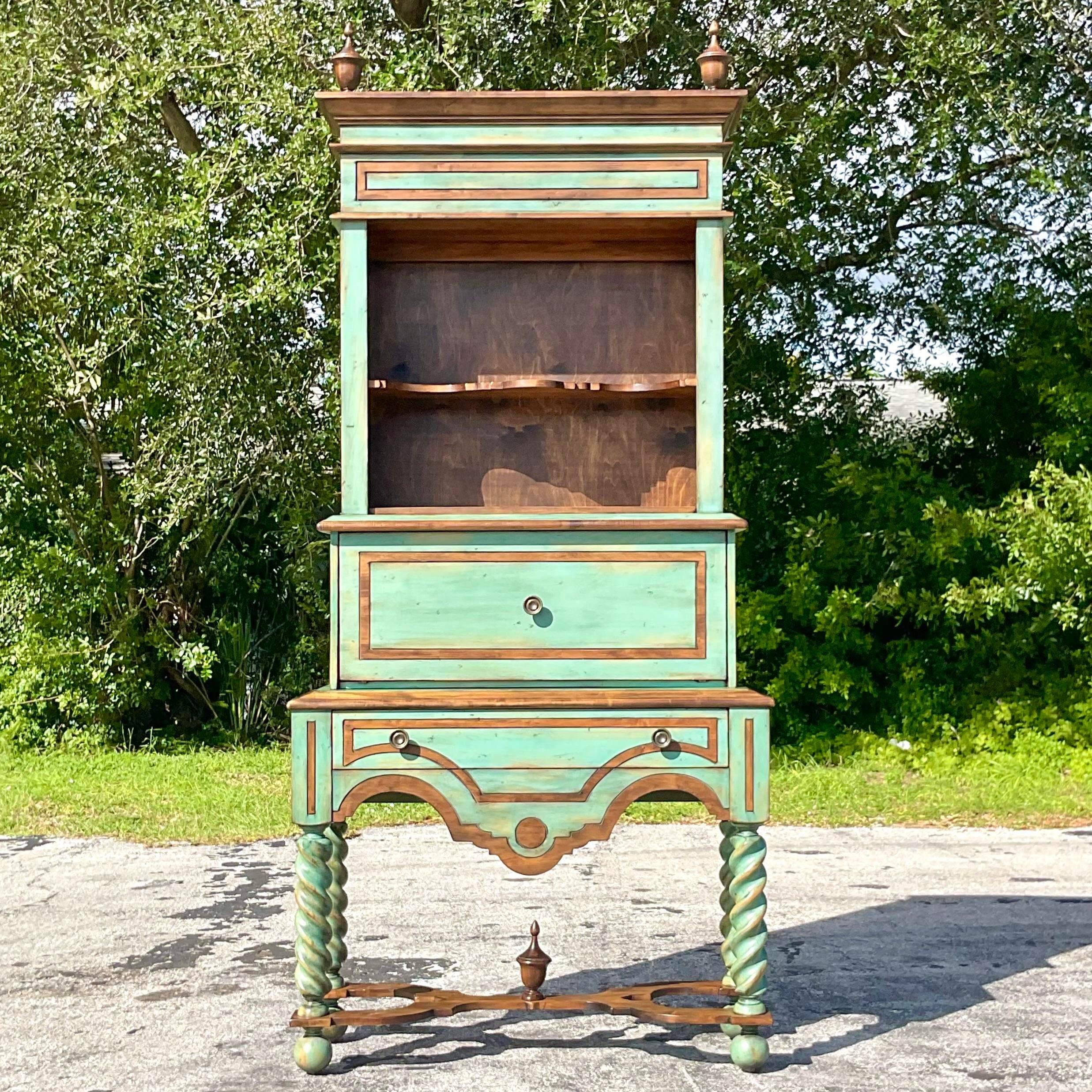 Late 20th Century Vintage Boho Stacked Barley Twist Jade Display Cabinet In Good Condition For Sale In west palm beach, FL