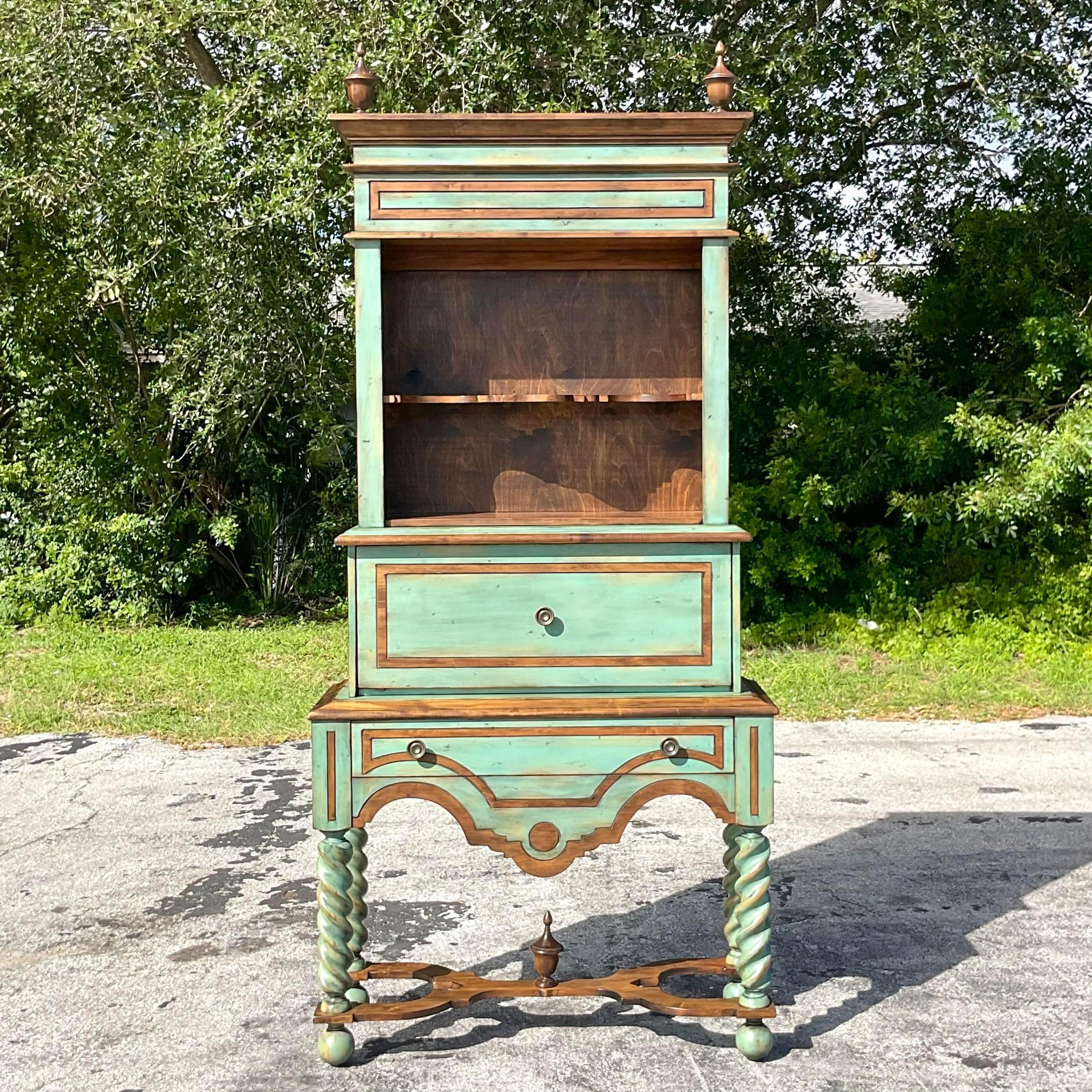 Late 20th Century Vintage Boho Stacked Barley Twist Jade Display Cabinet For Sale 1