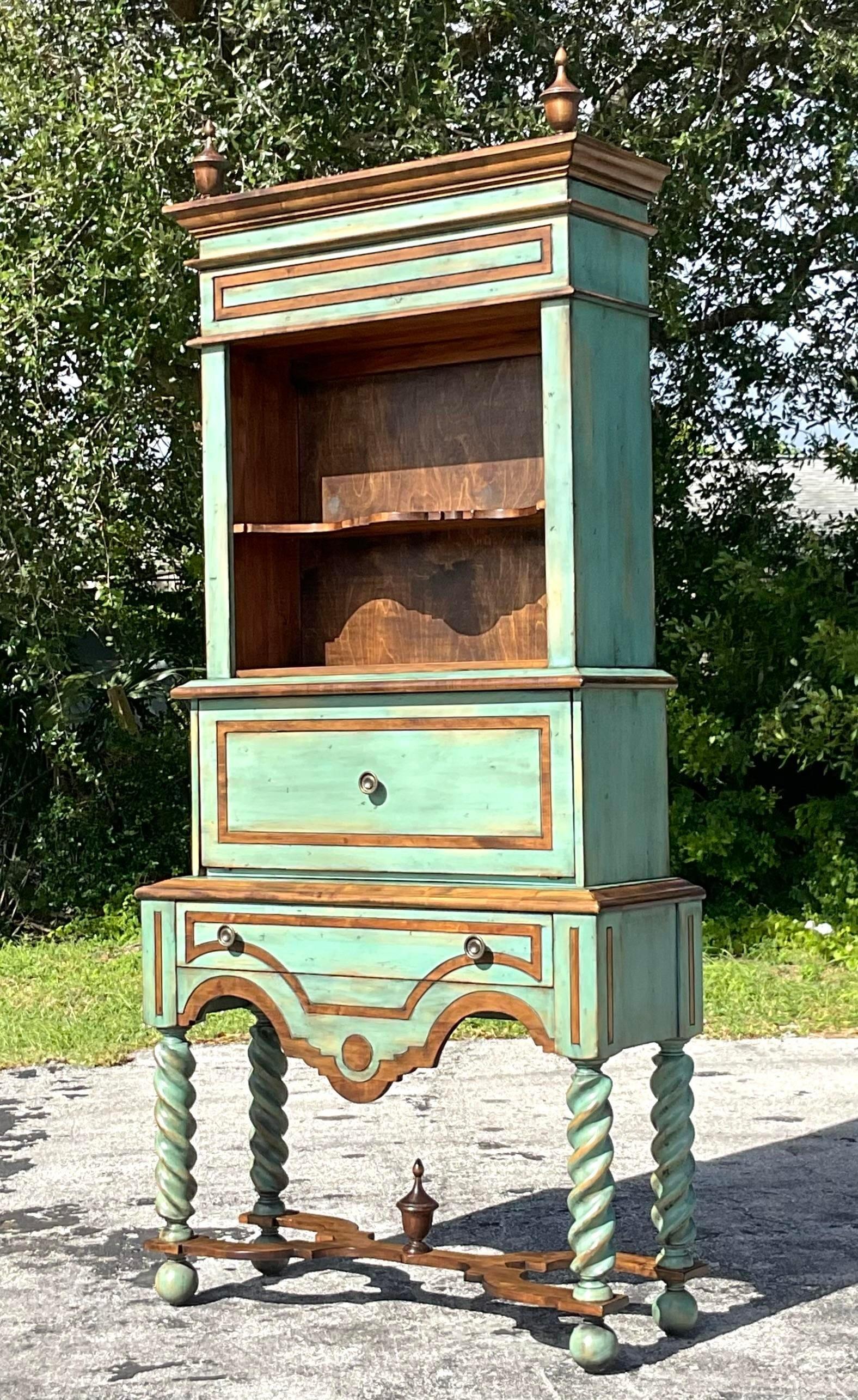Late 20th Century Vintage Boho Stacked Barley Twist Jade Display Cabinet For Sale 2