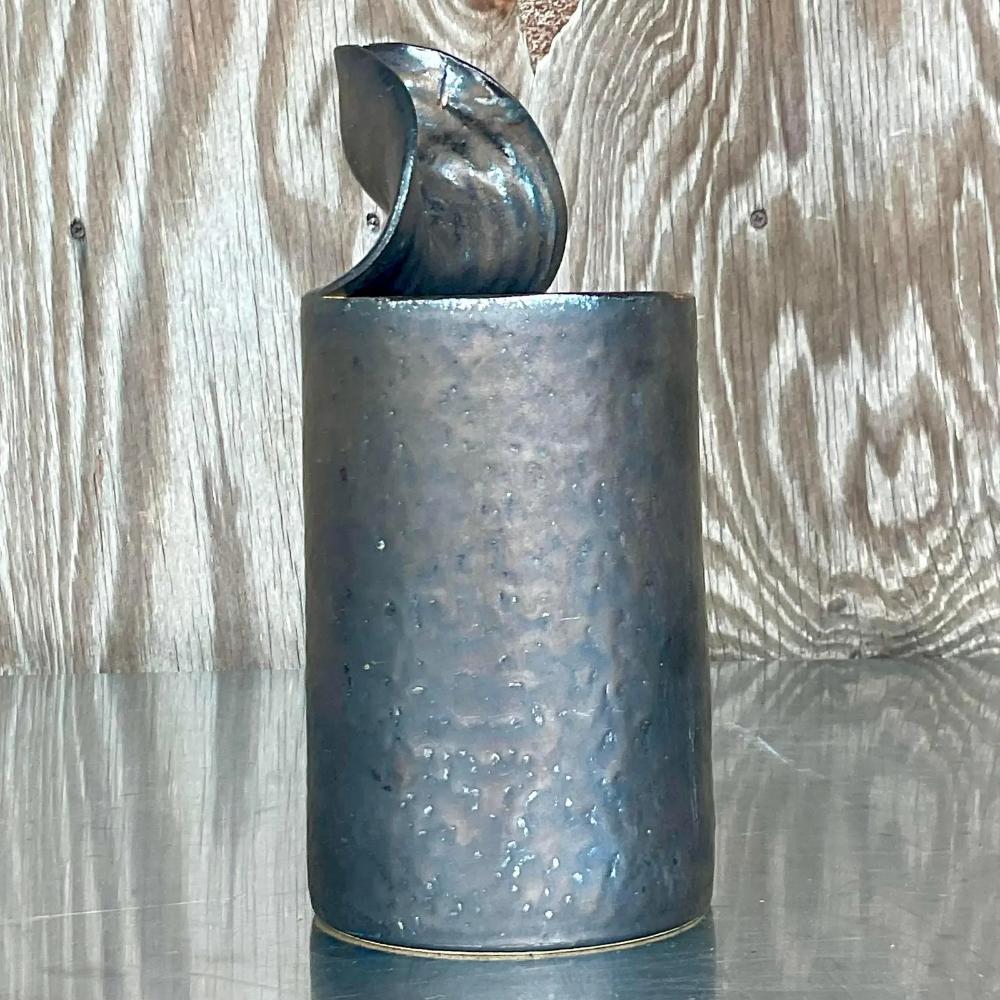 American Late 20th Century Vintage Boho Studio Pottery Open Can Vase For Sale