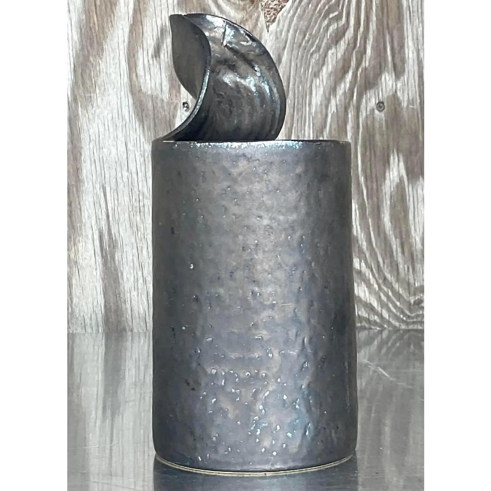 Late 20th Century Vintage Boho Studio Pottery Open Can Vase In Good Condition For Sale In west palm beach, FL