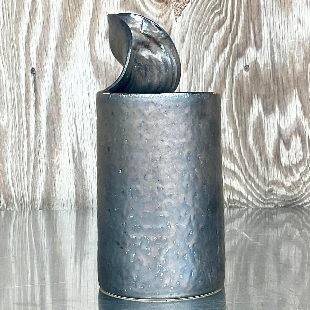 Late 20th Century Vintage Boho Studio Pottery Open Can Vase For Sale 1