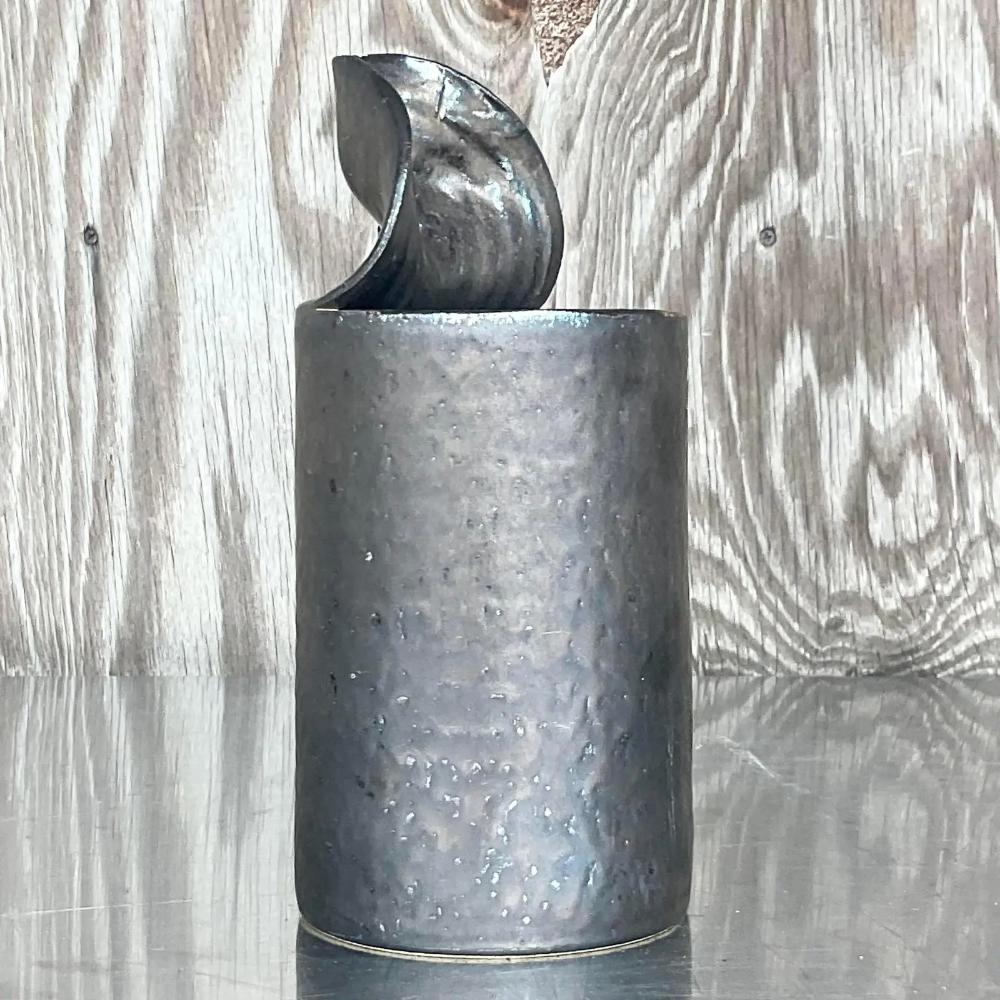 Late 20th Century Vintage Boho Studio Pottery Open Can Vase For Sale 2