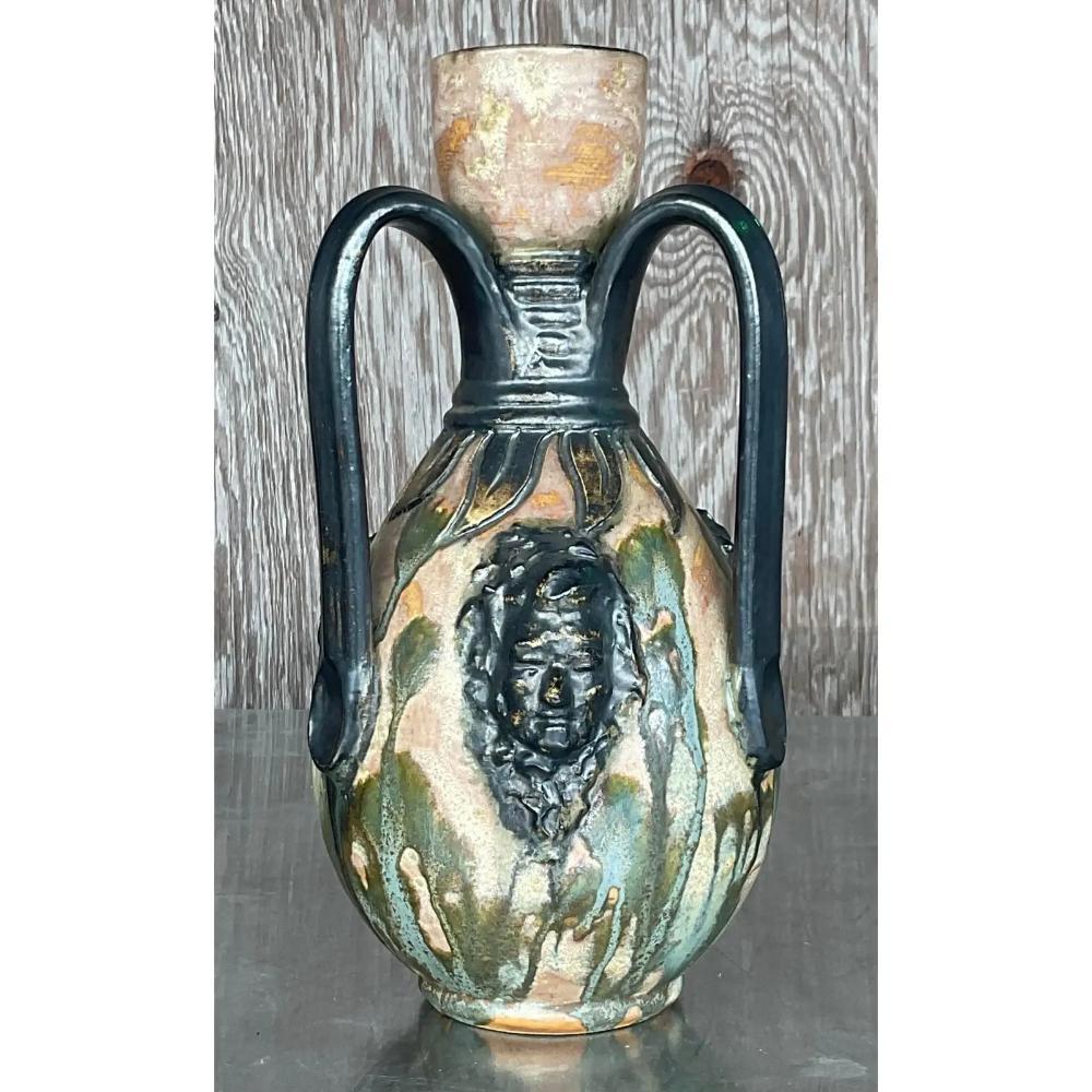 An exceptional vintage Boho studio pottery vase. A rare piece from Sylvain Subblet. Beautiful dark and moody colors in a glazed ceramic finish. Signed on the bottom. Acquired from a Palm Beach estate