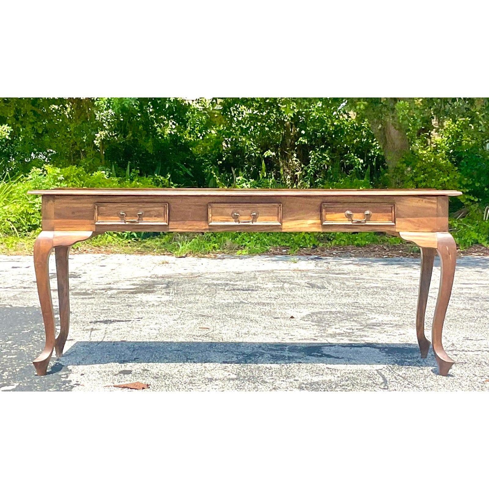 Brass Late 20th Century Vintage Boho Teak Console Table For Sale