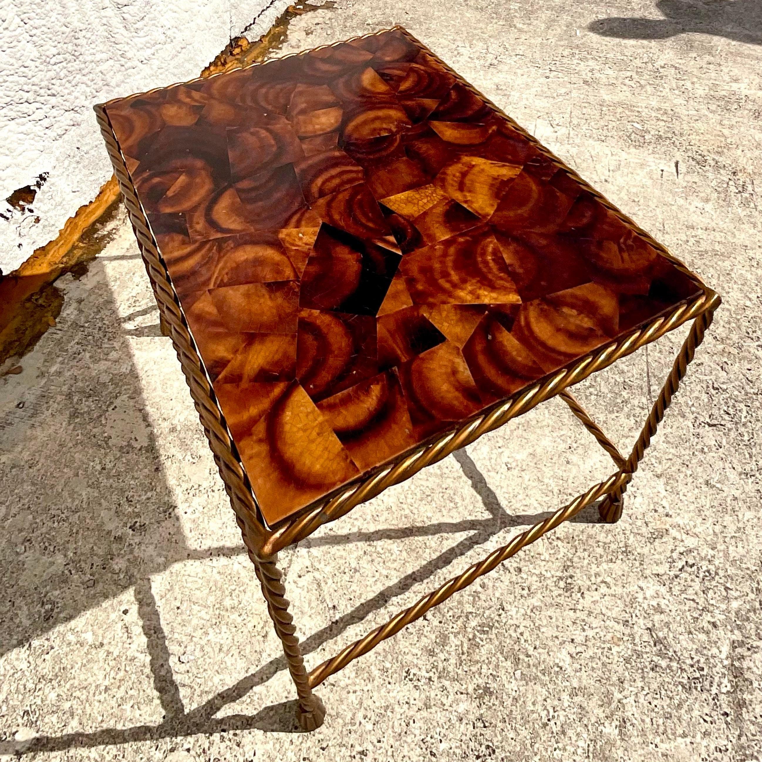 Late 20th Century Vintage Boho Tessellated Coconut Shell Coffee Table In Good Condition For Sale In west palm beach, FL