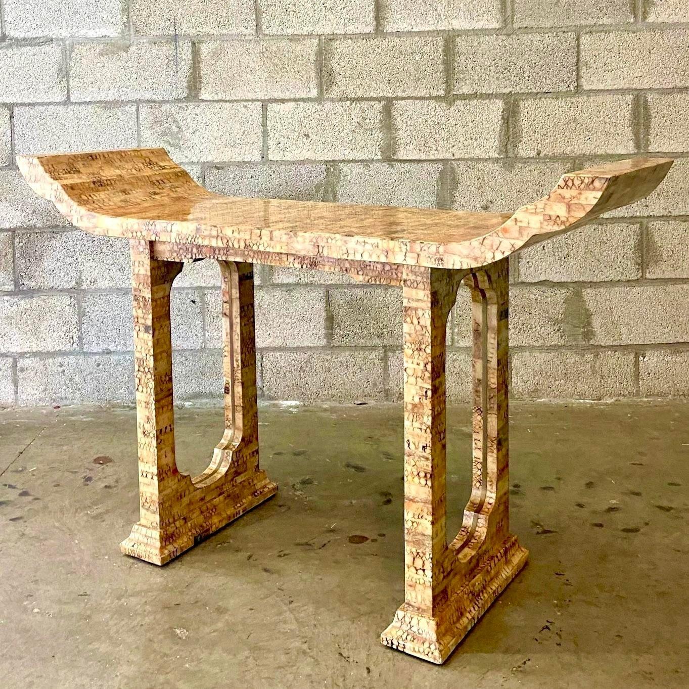 Late 20th Century Vintage Boho Tessellated Coconut Shell Pagoda Console Table 6