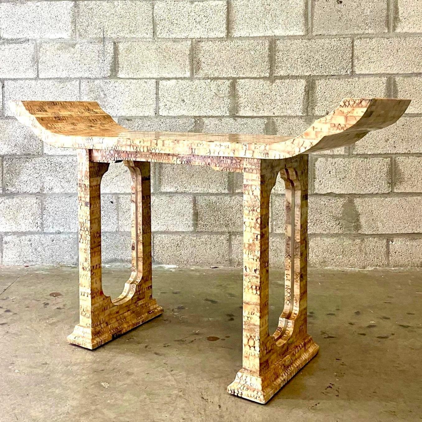Philippine Late 20th Century Vintage Boho Tessellated Coconut Shell Pagoda Console Table