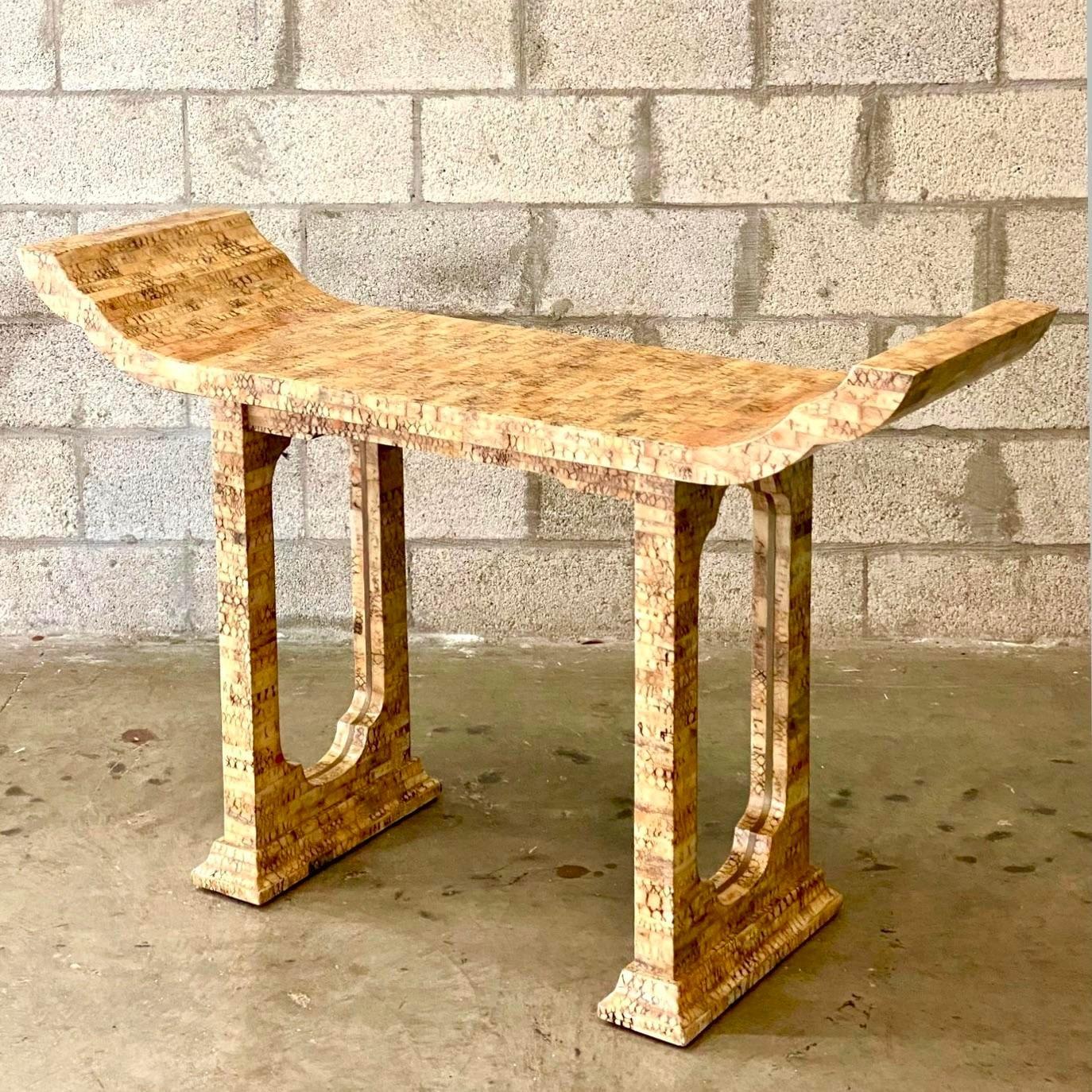 Late 20th Century Vintage Boho Tessellated Coconut Shell Pagoda Console Table 3