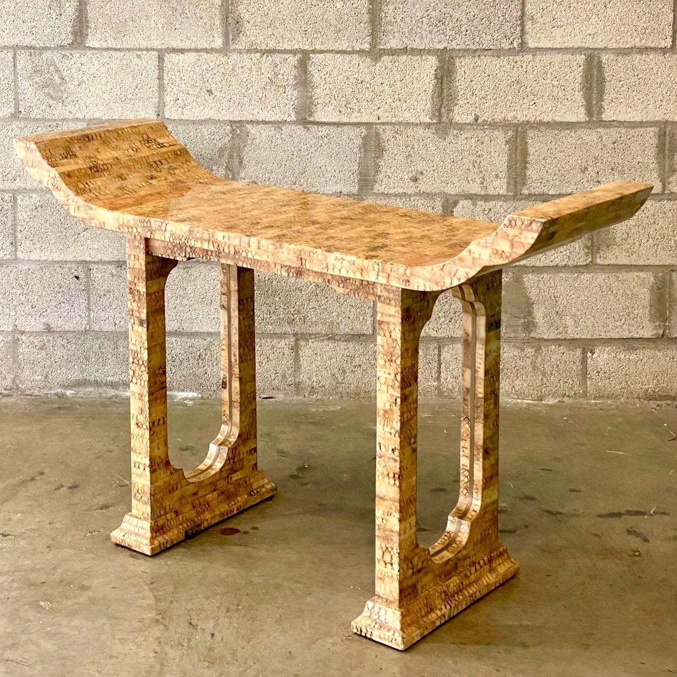 Late 20th Century Vintage Boho Tessellated Coconut Shell Pagoda Console Table 4
