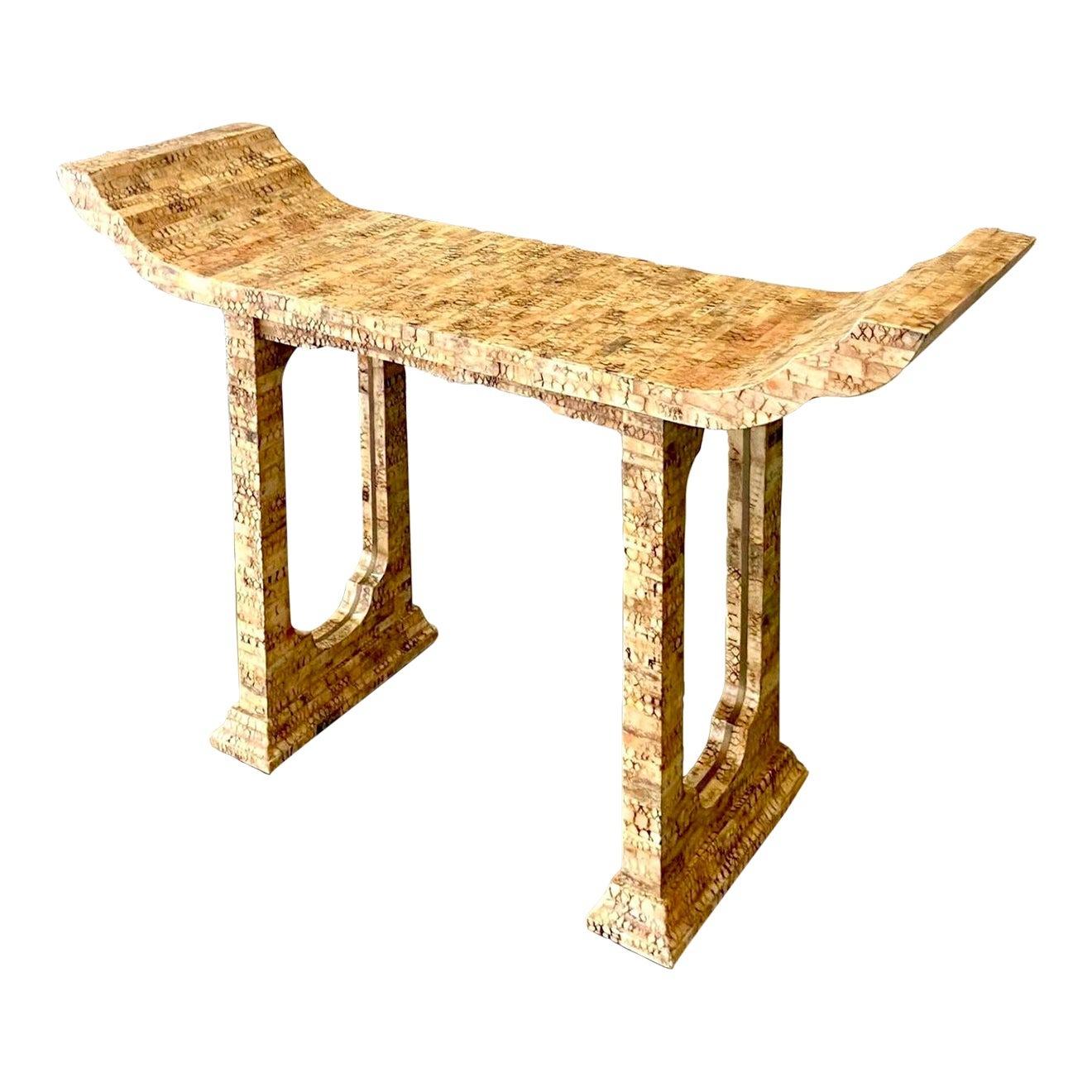 Late 20th Century Vintage Boho Tessellated Coconut Shell Pagoda Console Table