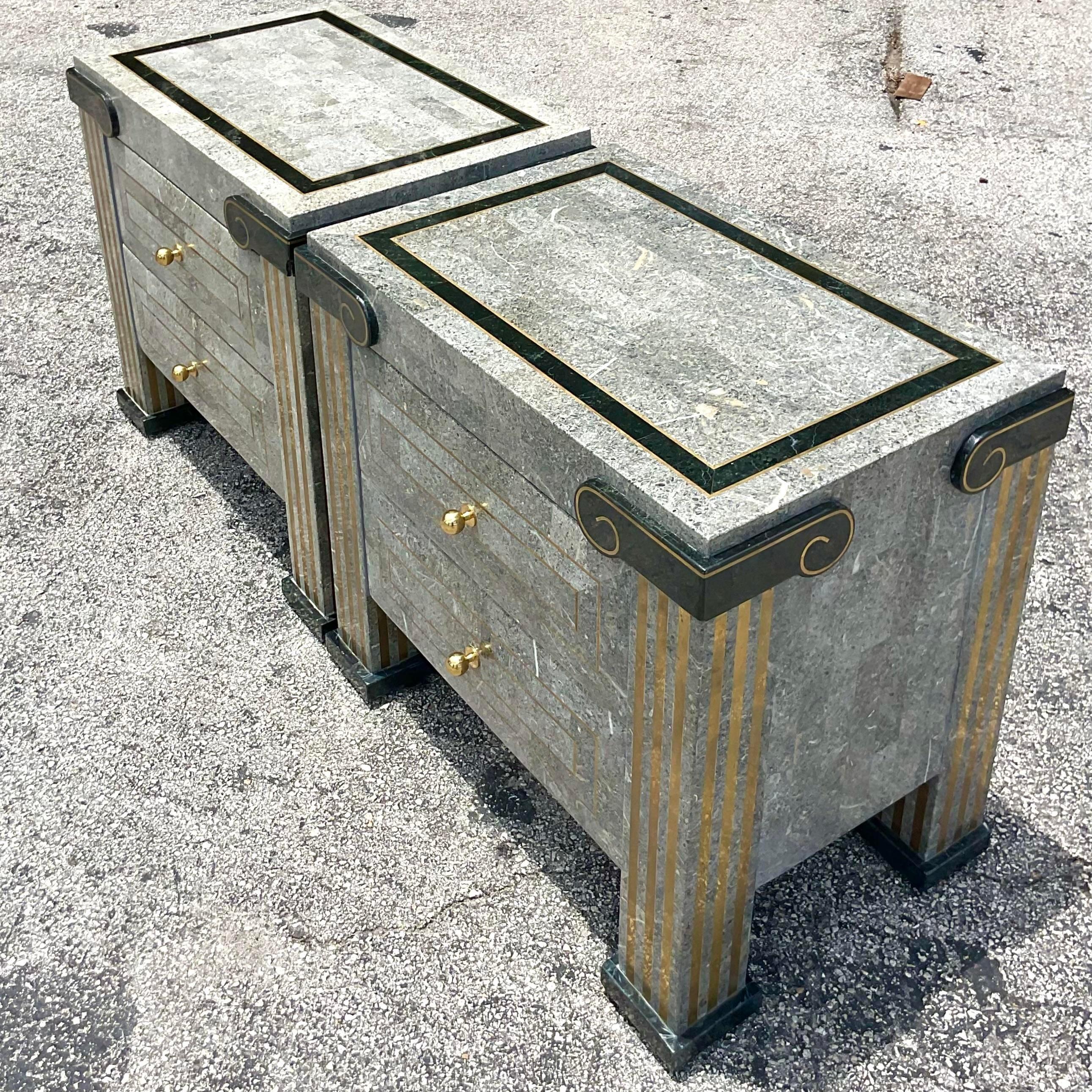 Introduce a touch of bohemian luxury to your bedroom with our Vintage Boho Tessellated Stone Nightstands inspired by Maitland Smith. Handcrafted in the USA, these nightstands epitomize American craftsmanship, blending eclectic boho style with the