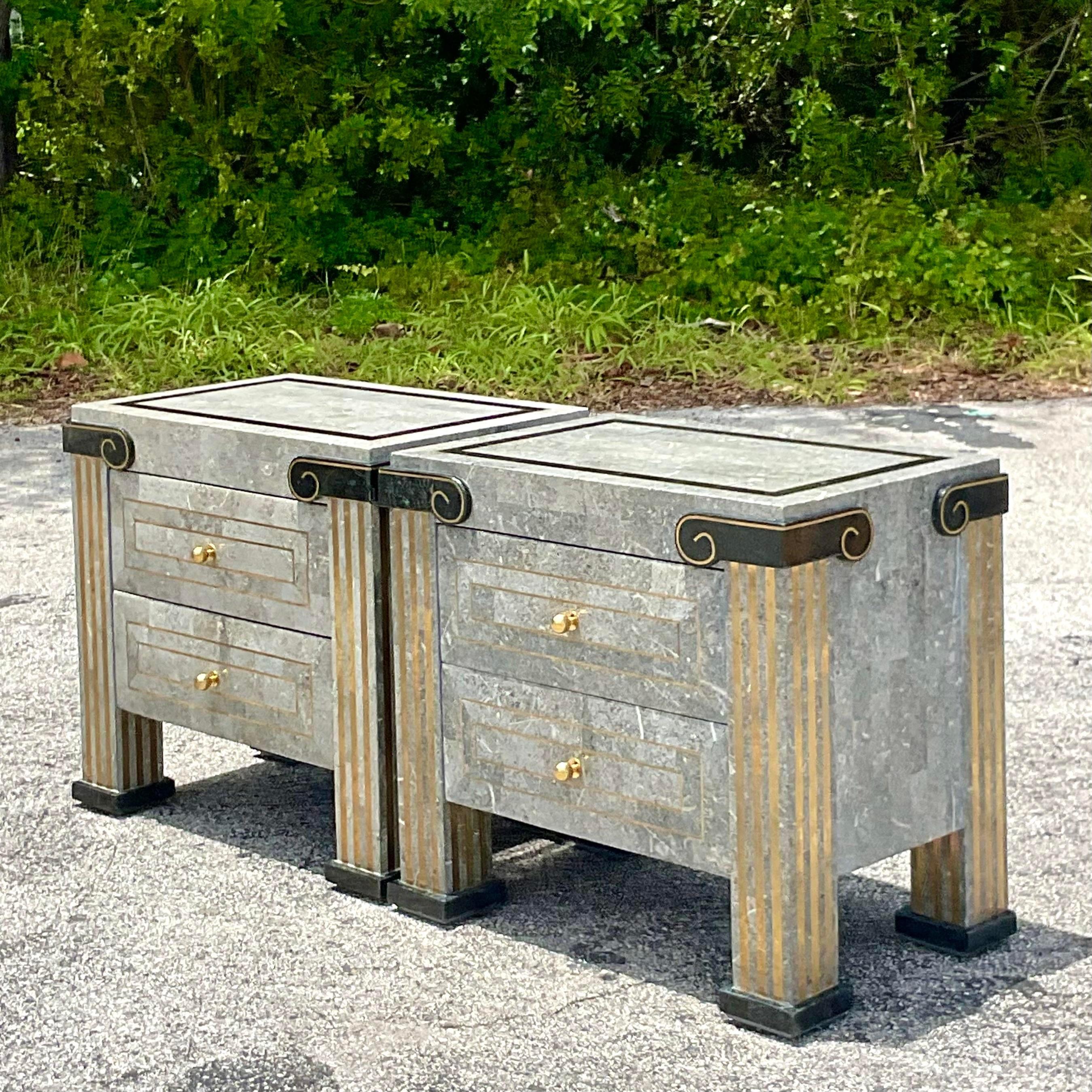 Mid-Century Modern Late 20th Century Vintage Boho Tessellated Stone Nightstands  For Sale