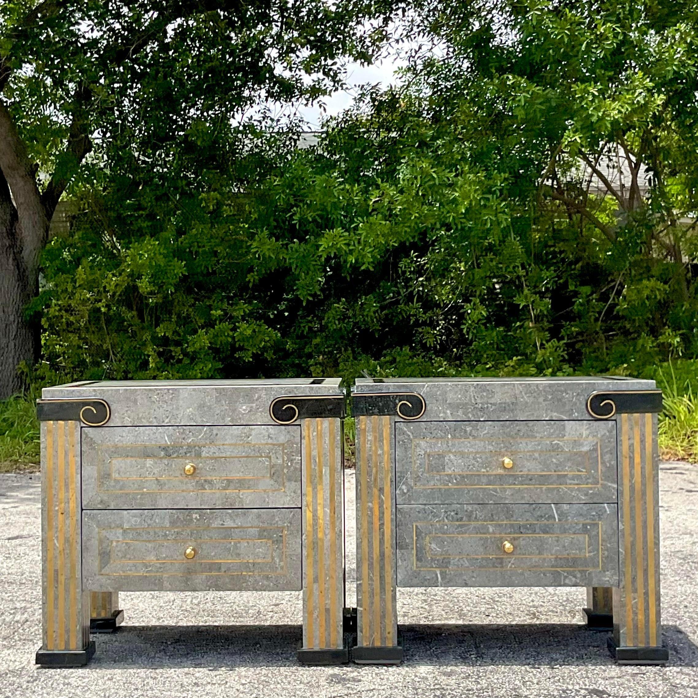 Late 20th Century Vintage Boho Tessellated Stone Nightstands In Good Condition In west palm beach, FL