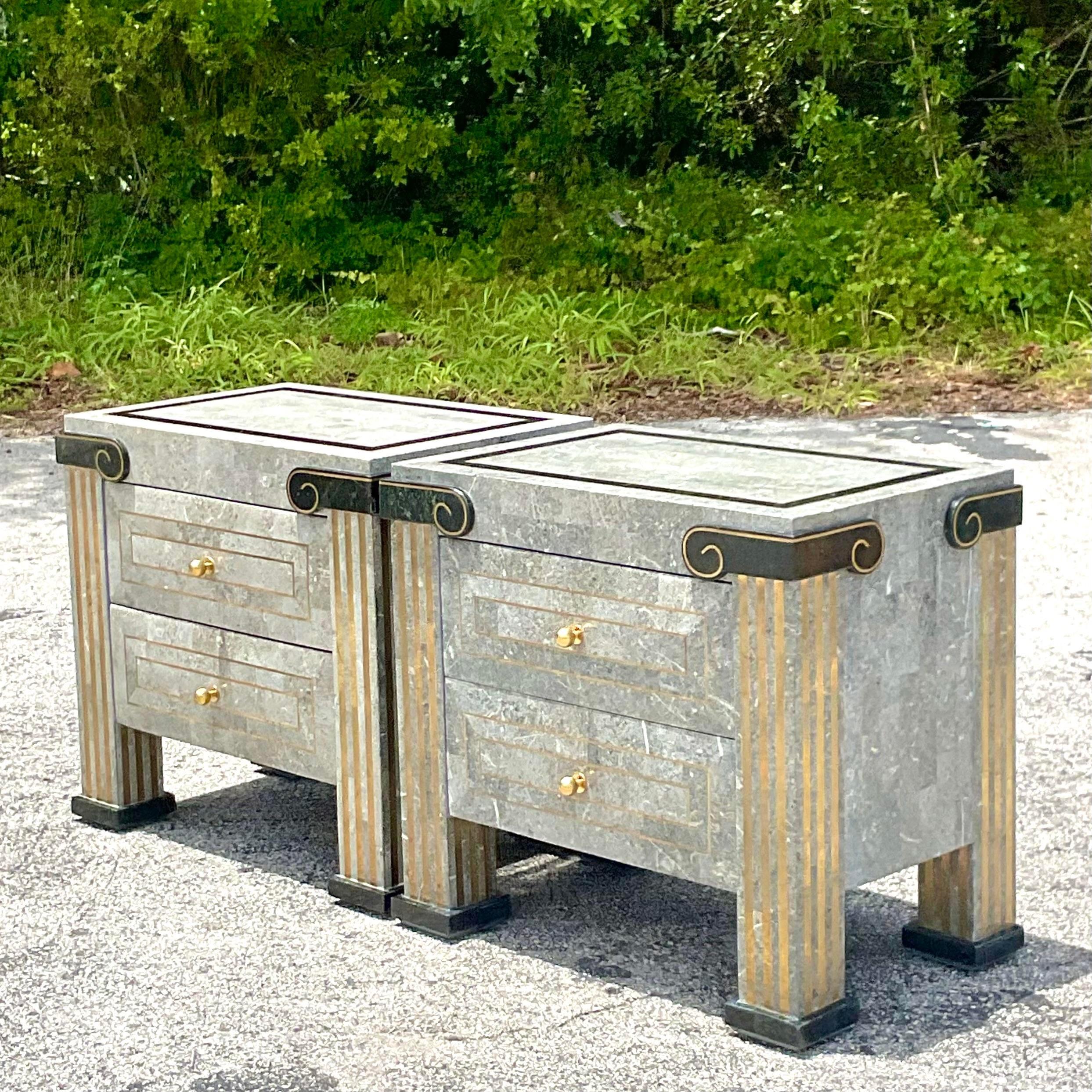 Late 20th Century Vintage Boho Tessellated Stone Nightstands 1