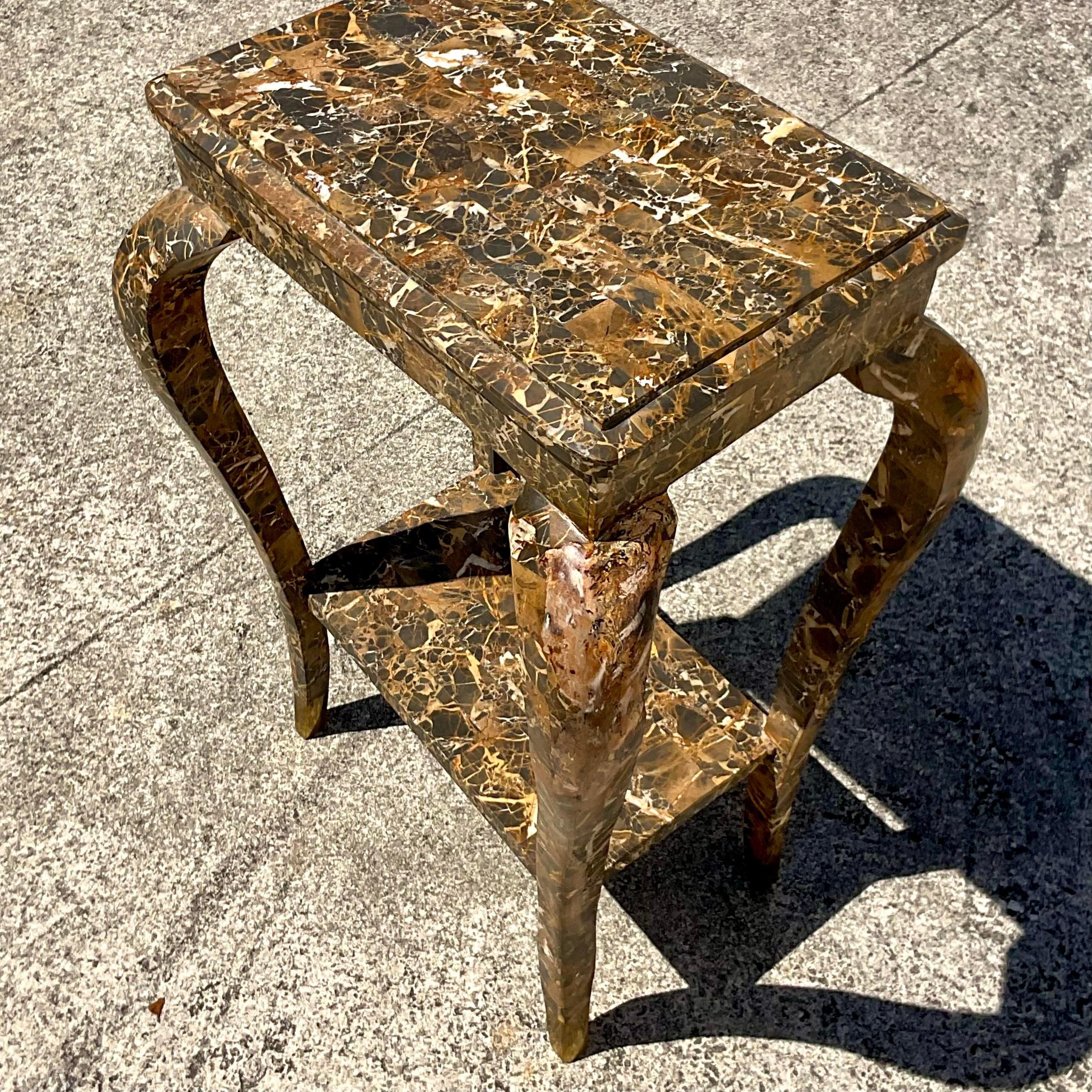 Late 20th Century Vintage Boho Tessellated Stone Telephone Table In Good Condition For Sale In west palm beach, FL