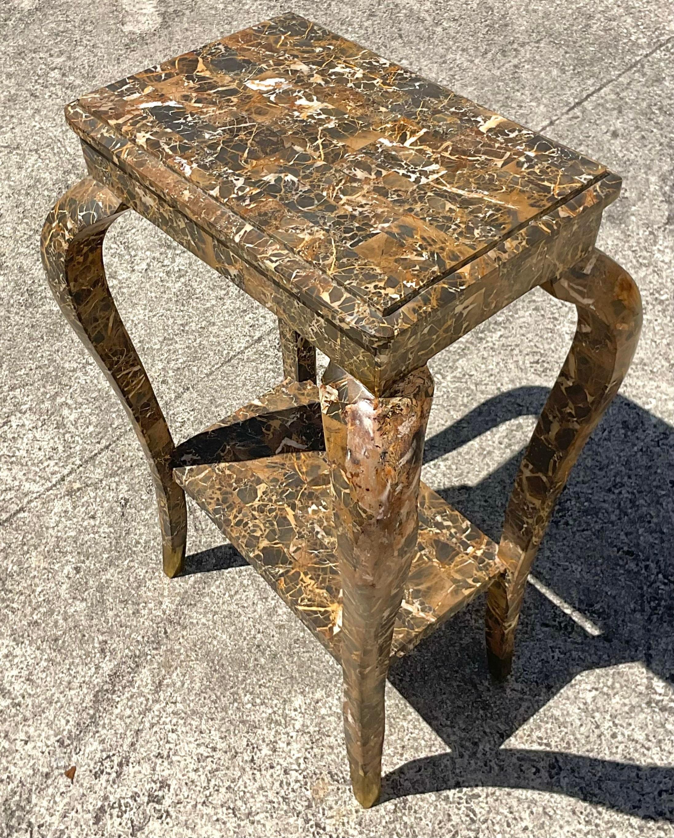 Late 20th Century Vintage Boho Tessellated Stone Telephone Table For Sale 1