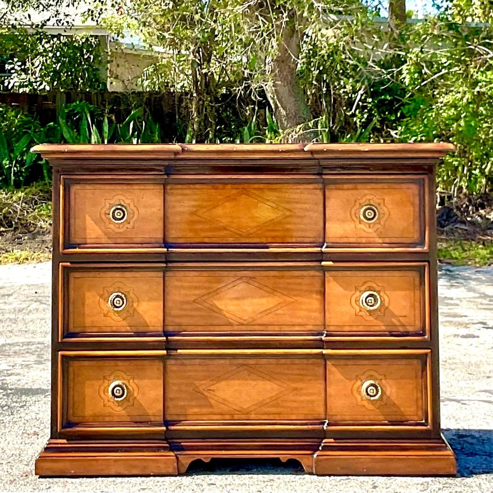 American Late 20th Century Vintage Boho Theodore Alexander “Madrid” Chest of Drawers For Sale