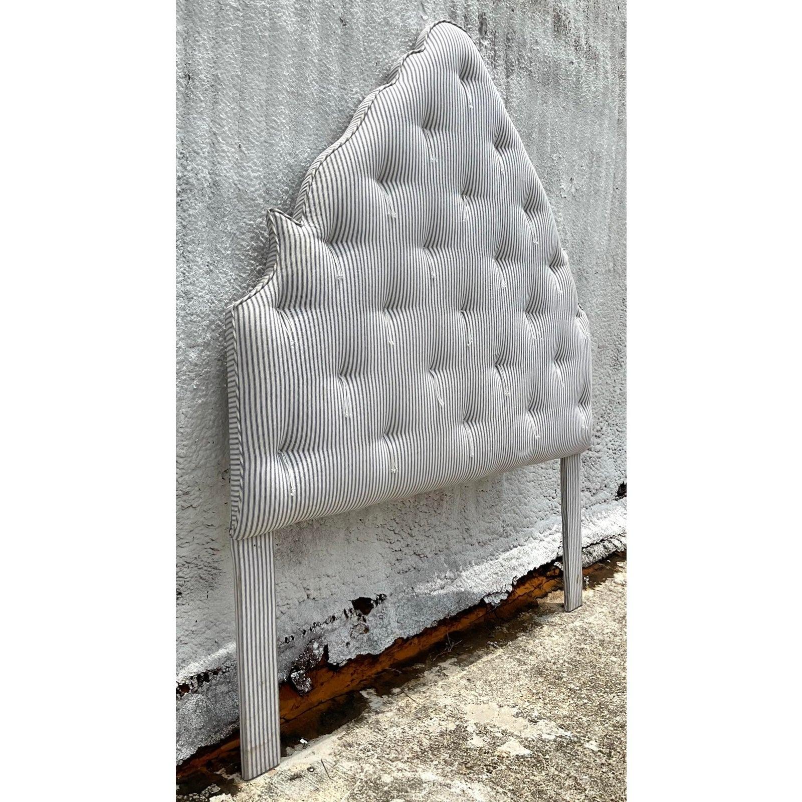North American Late 20th Century Vintage Boho Ticking Stripe Upholstered Full Headboard For Sale