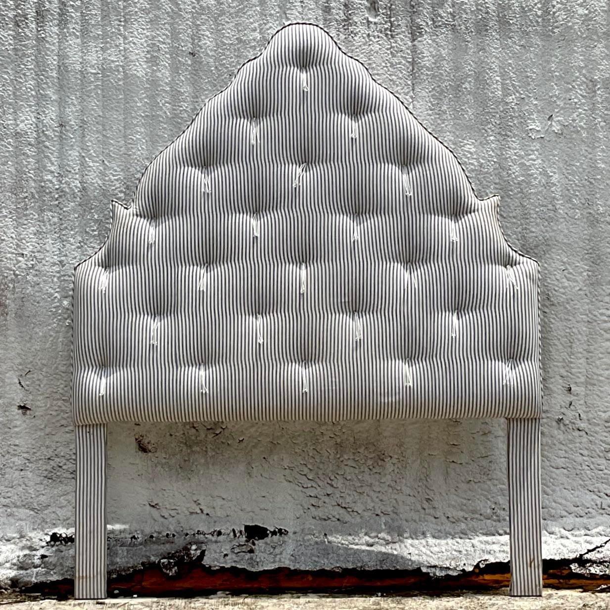Late 20th Century Vintage Boho Ticking Stripe Upholstered Full Headboard In Good Condition For Sale In west palm beach, FL