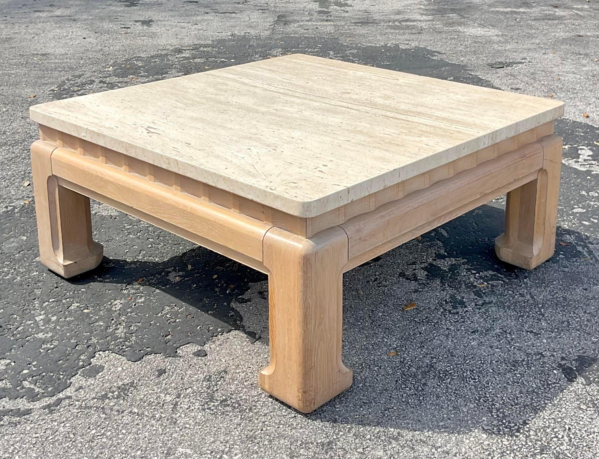 Late 20th Century Vintage Boho Travertine Top Ming Coffee Table In Good Condition For Sale In west palm beach, FL