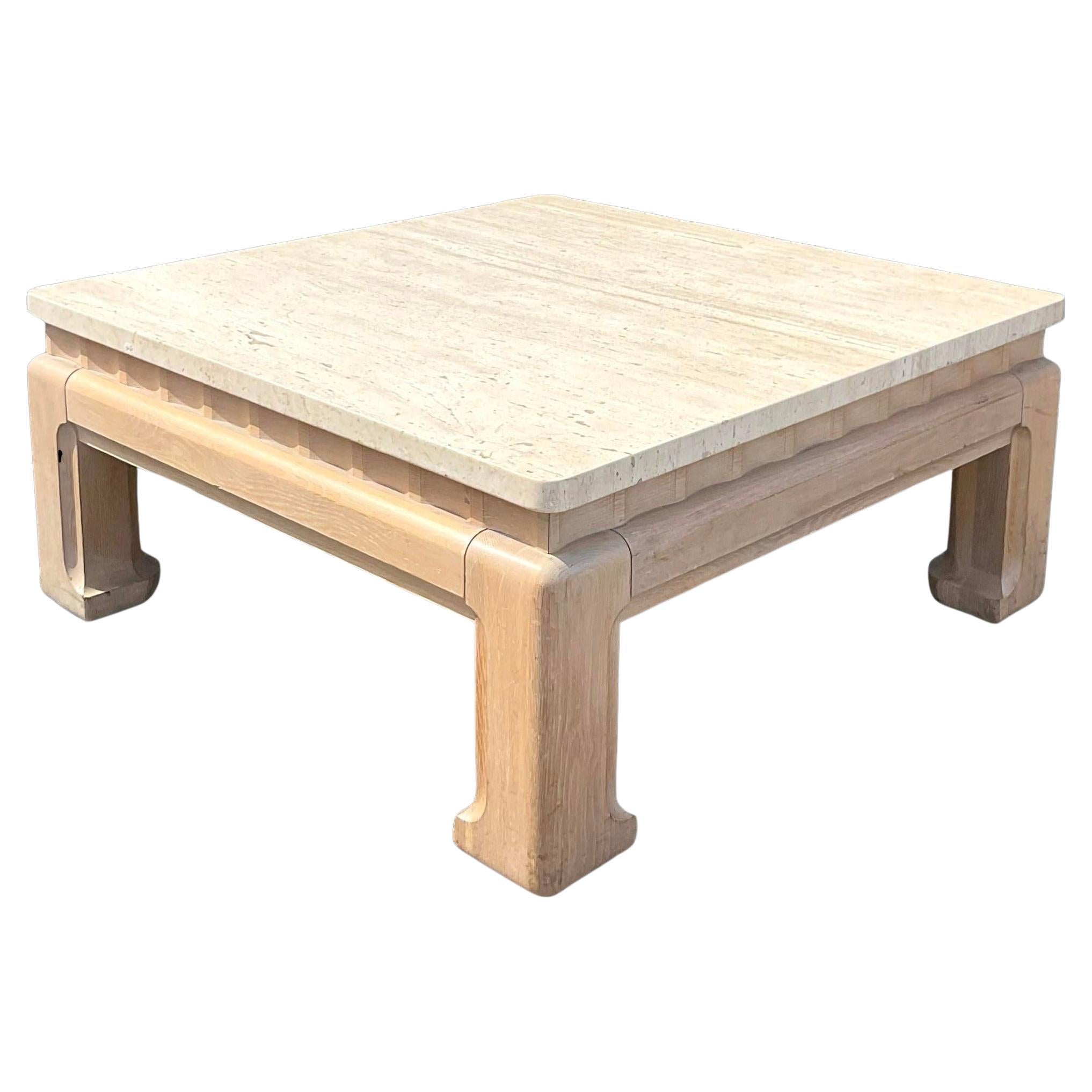 Late 20th Century Vintage Boho Travertine Top Ming Coffee Table For Sale