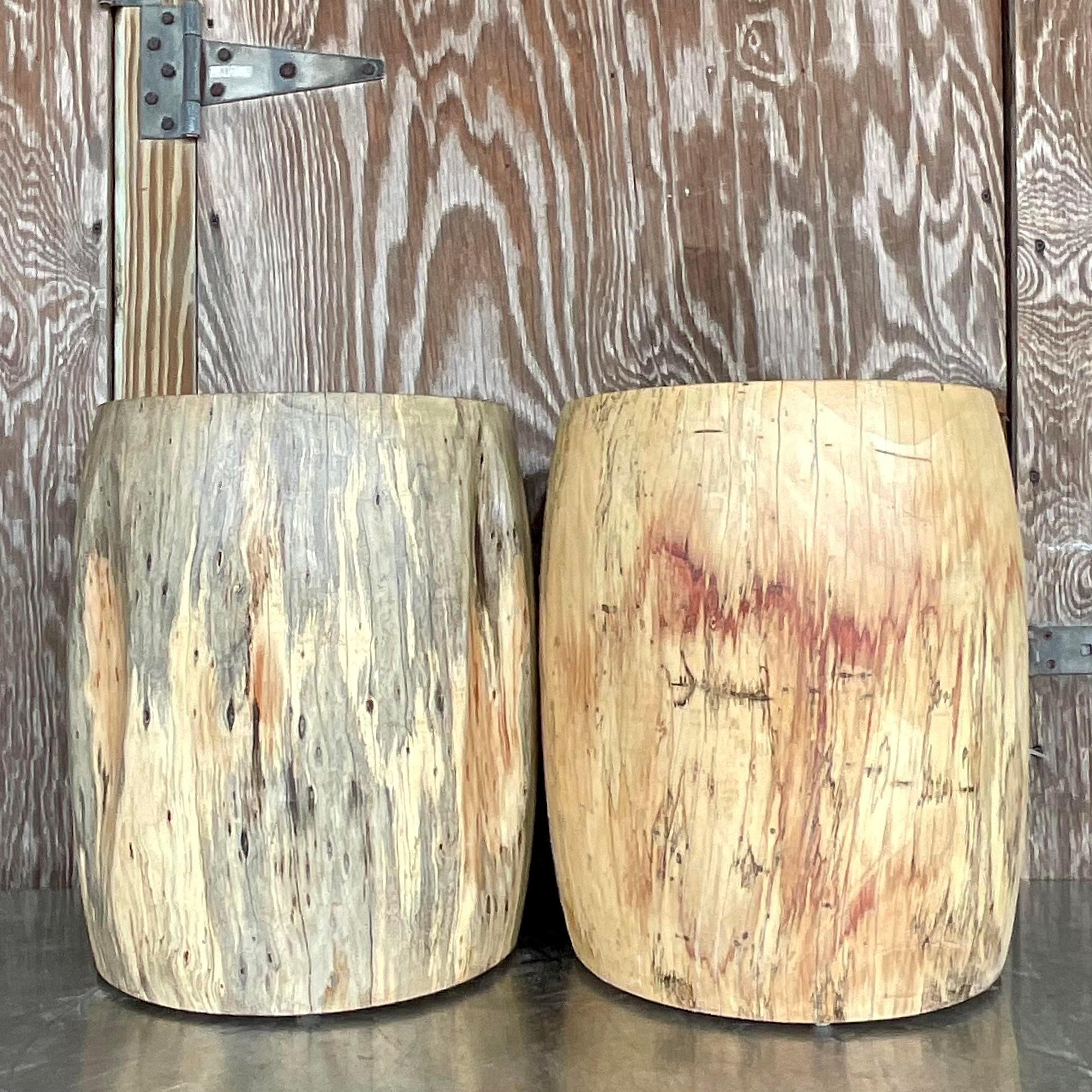 Philippine Late 20th Century Vintage Boho Tree Trunk Low Stools - a Pair For Sale