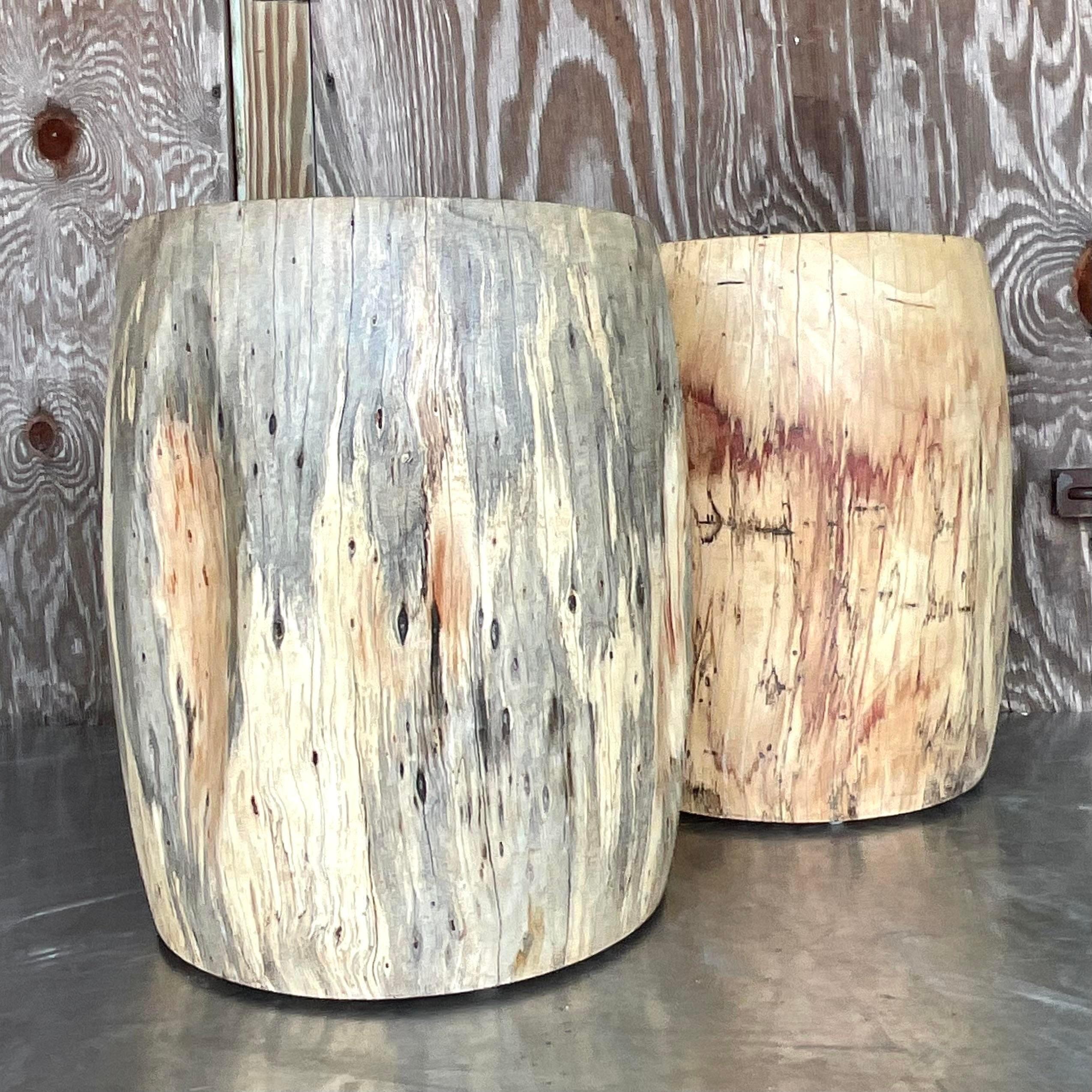 Late 20th Century Vintage Boho Tree Trunk Low Stools - a Pair In Good Condition For Sale In west palm beach, FL