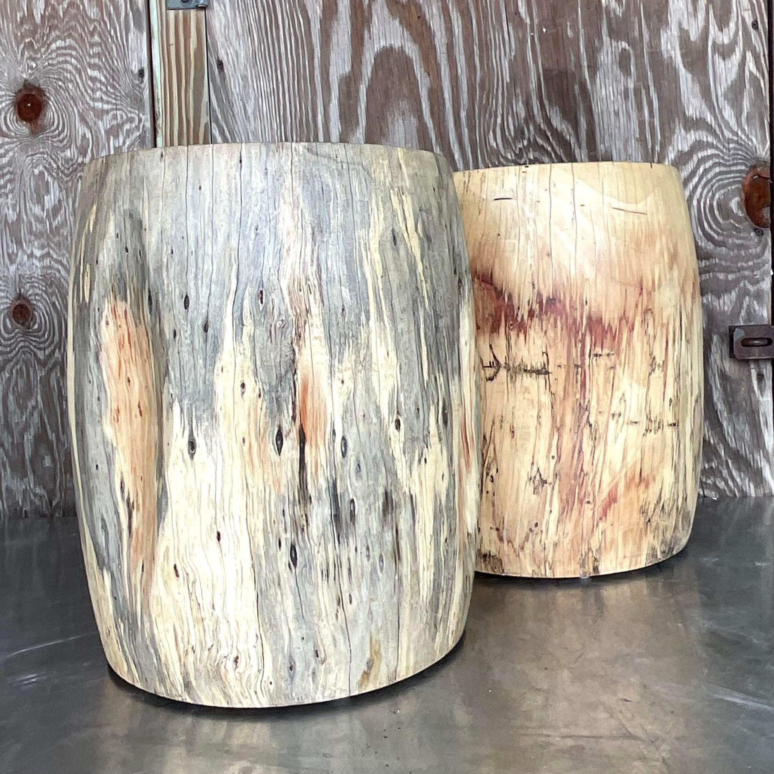 Wood Late 20th Century Vintage Boho Tree Trunk Low Stools - a Pair For Sale
